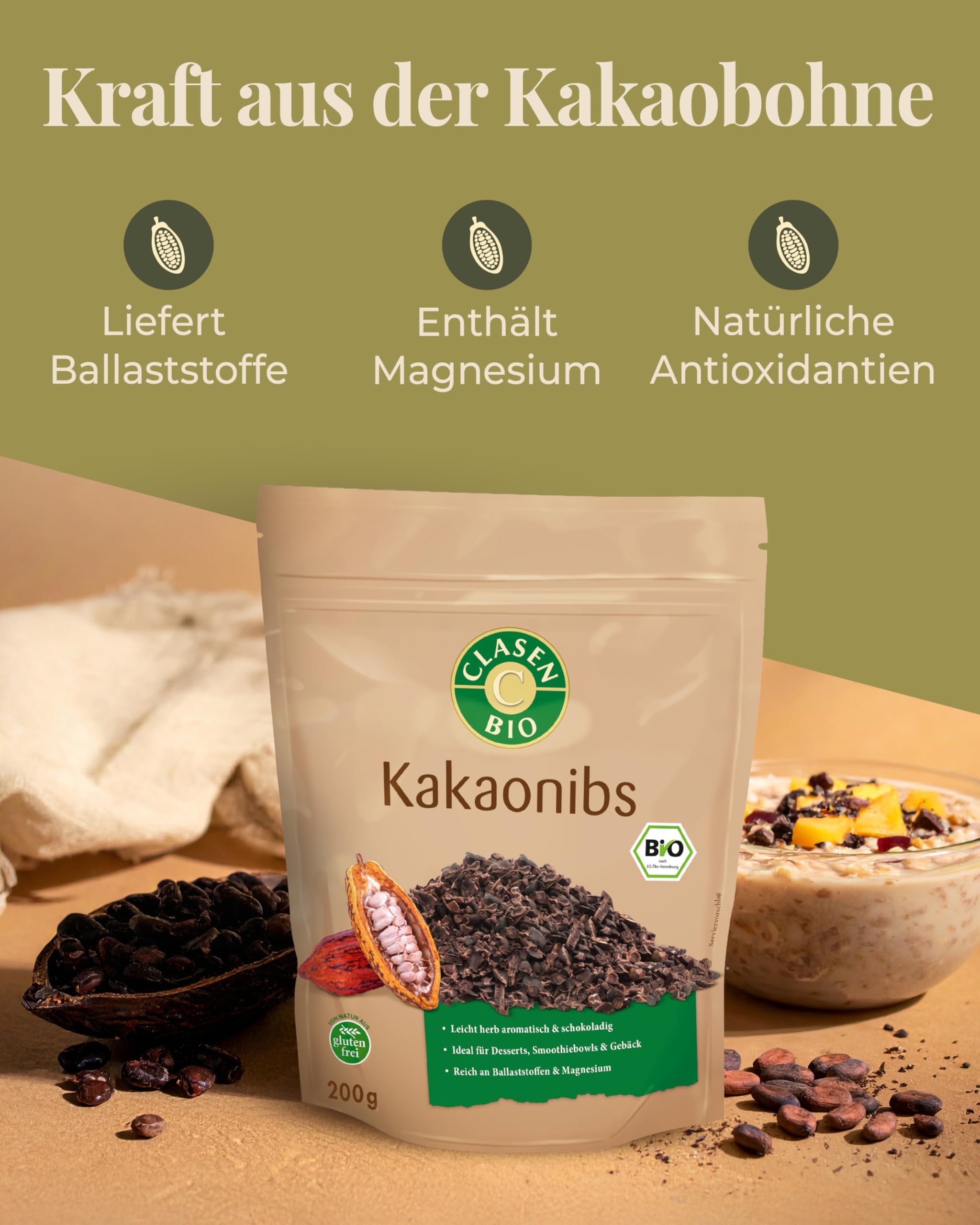 CLASEN BIO – Kakao Nibs 6x200g Bundle – Klein geschrotete Kakaobohnen herb-aromatisch & schokoladig – Kakaonibs ideal für Desserts, Smoothiebowls & Gebäck – Reich an Ballaststoffen & Magnesium