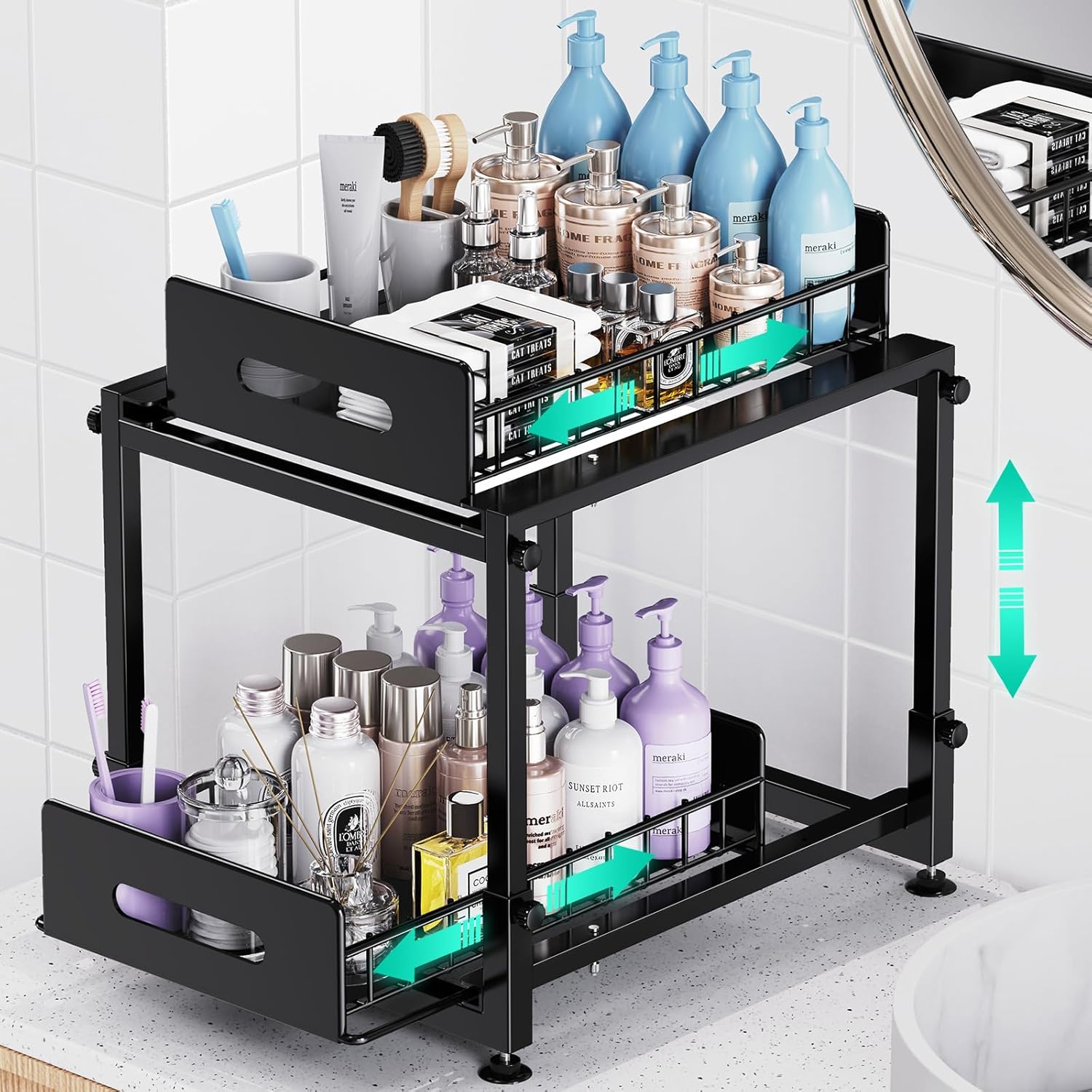Under Sink Organizer ,2 Tier Kitchen Sink Organizer Pull Out Cabinet Organizers and Storage with Sliding Drawers,Adjustable Height Metal Under Bathroom Counter Organization Shelf (1 Pack)