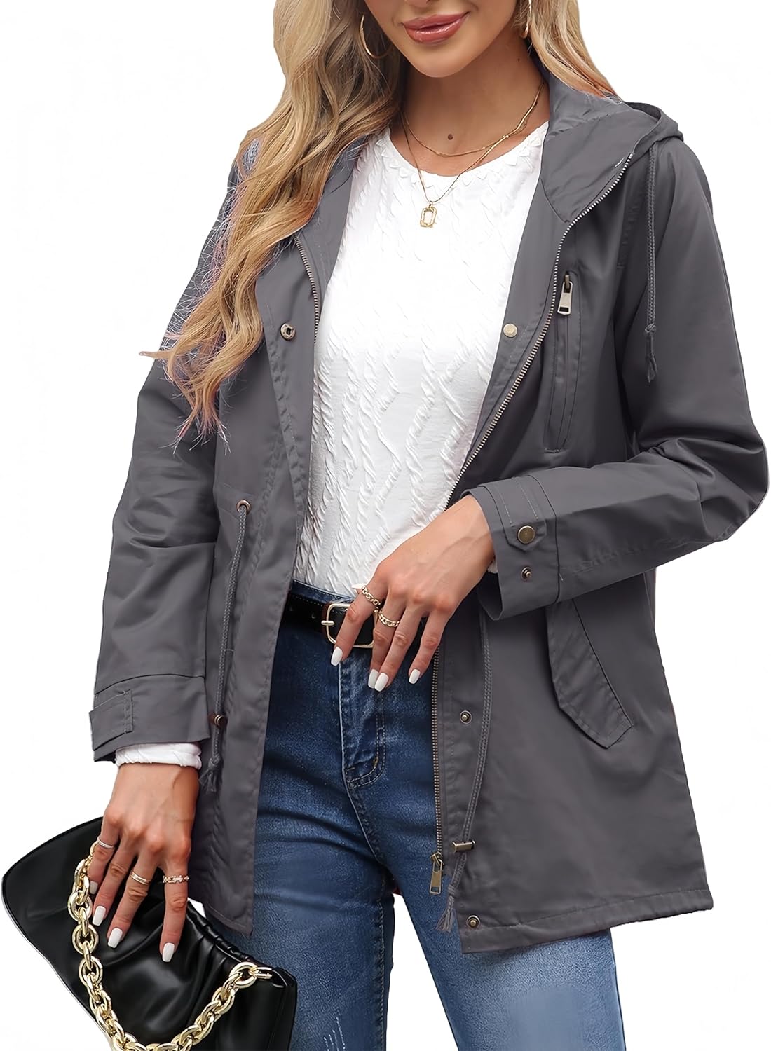 Women Trench Coat Windbreaker Zip Up Jacket With Pockets Casual Long Sleeve Outwear with Waist Drawstring - Image 2