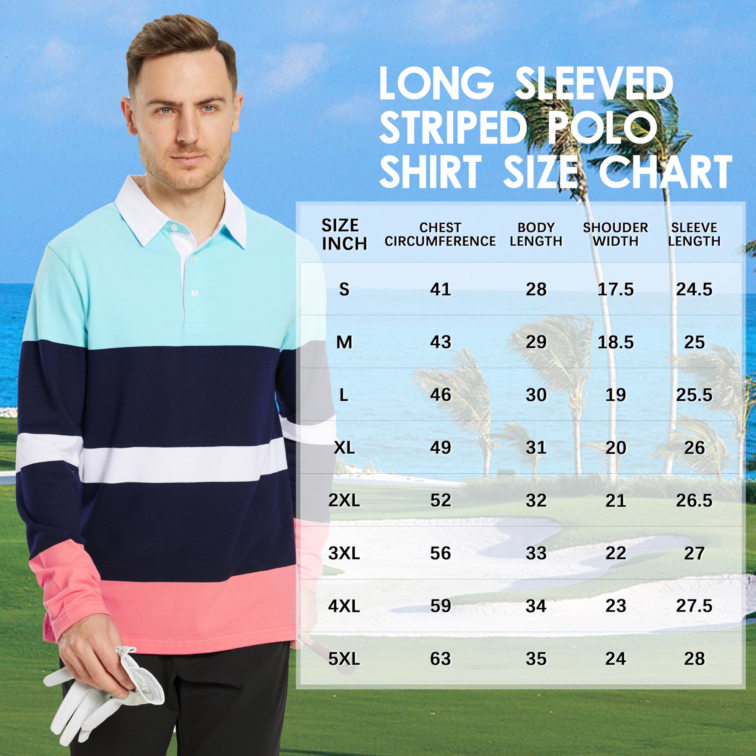 Herren Golf Polo Shirts Langarm Gestreift Dry Fit Casual Kragen Pique Poloshirts für Männer