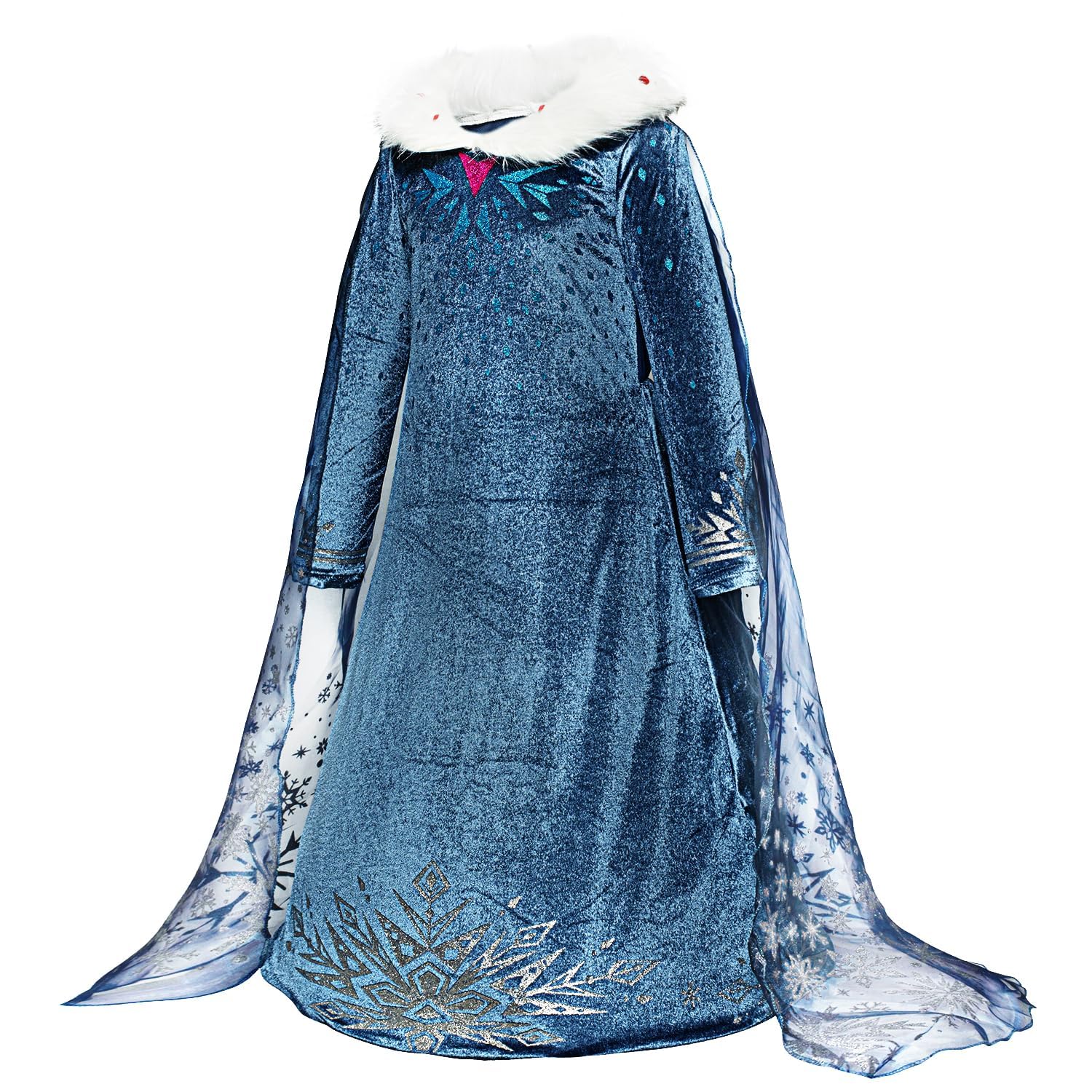 Monissy Regina Congelata Principessa Elsa Vestito Ragazza Blu Collare Bianca Velluto Manica Lunga Mantello Travestimento Chiffon Neve Stampa Compleanno Natale Carnevale