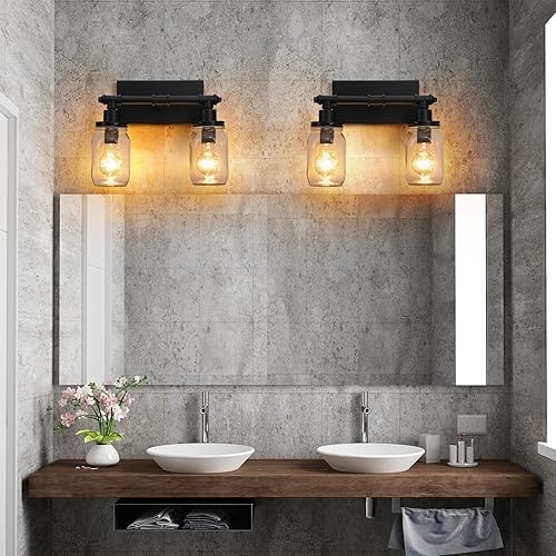 Miniatura 8 de Lámpara de tocador negra para baño, 2 luces de tarro de masón, lámpara de tocador industrial vintage, lámpara de pared de tubería de cocina, lámpara