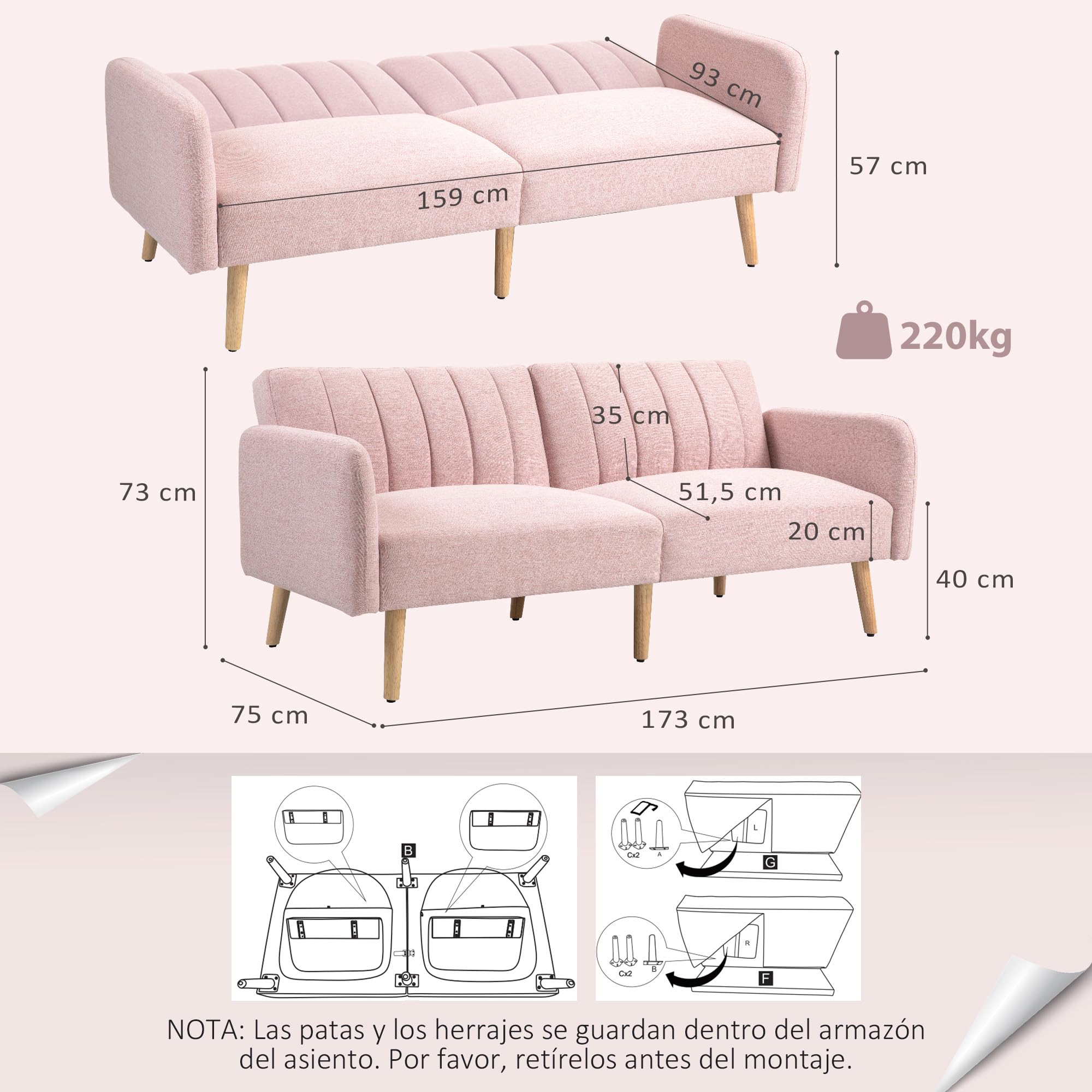 HOMCOM Sofá Cama de 2 Plazas Moderno 173x75x73 cm Sofá Cama Plegable Tapizado en Lino Sintético con Respaldo Ajustable en 3 Niveles y Reposabrazos Desmontables para Salón Oficina Rosa