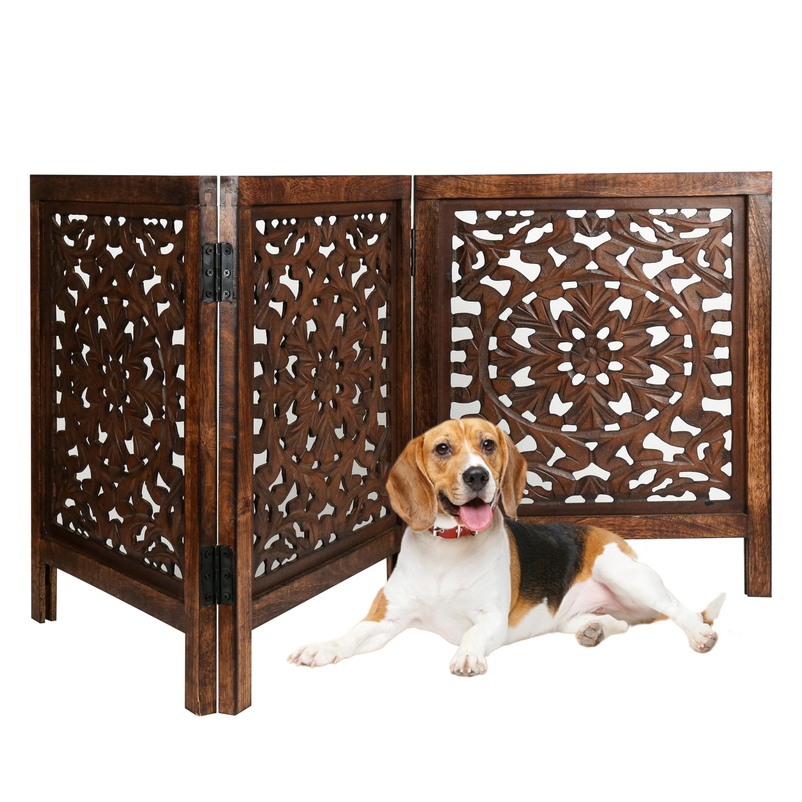 Dog Gate for House – 3 Panel 24" High Wooden Pet Gate – Foldable, Freestanding Indoor Fence for Doorways, Stairs, and Hallways – Natural Finish