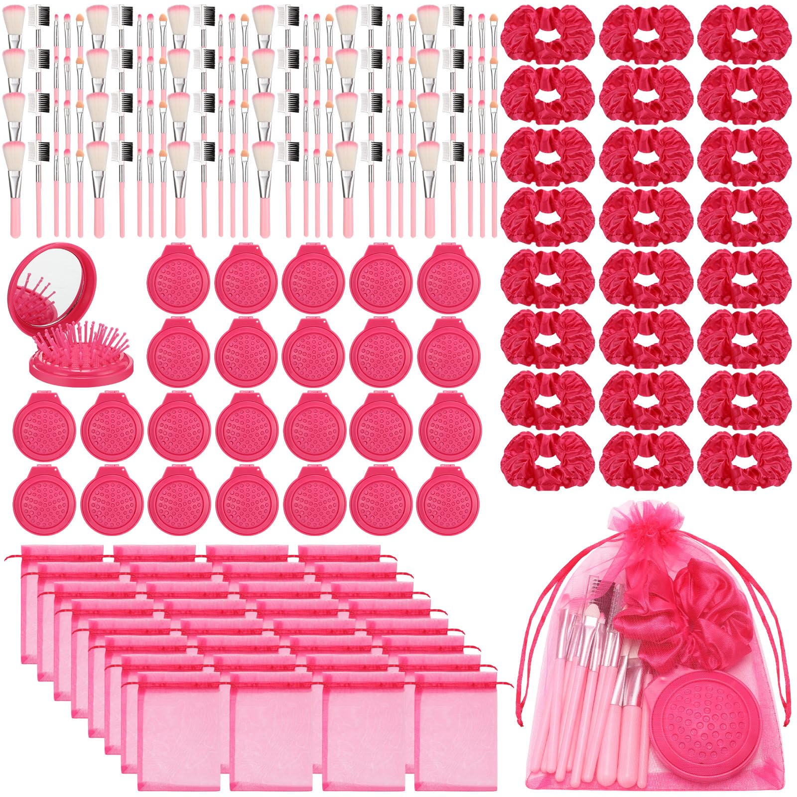 SiliFine Pink Girl Party Favors Girl Makeup Party Favor Party Supplies Set Includes Pink Gauze Bags, Hair Scrunchies, Foldable Mirror Hair Brushes,