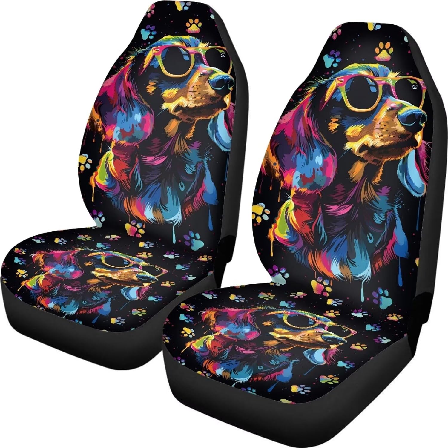 2 Piece Auto Seat Covers Car Seat Cover for Front Seat Colorful Dachshund Dog Paw Print Automotive Seat Covers Vehicle Seat Protector for Pet Lover Universal Fit Car Sedan Van Truck