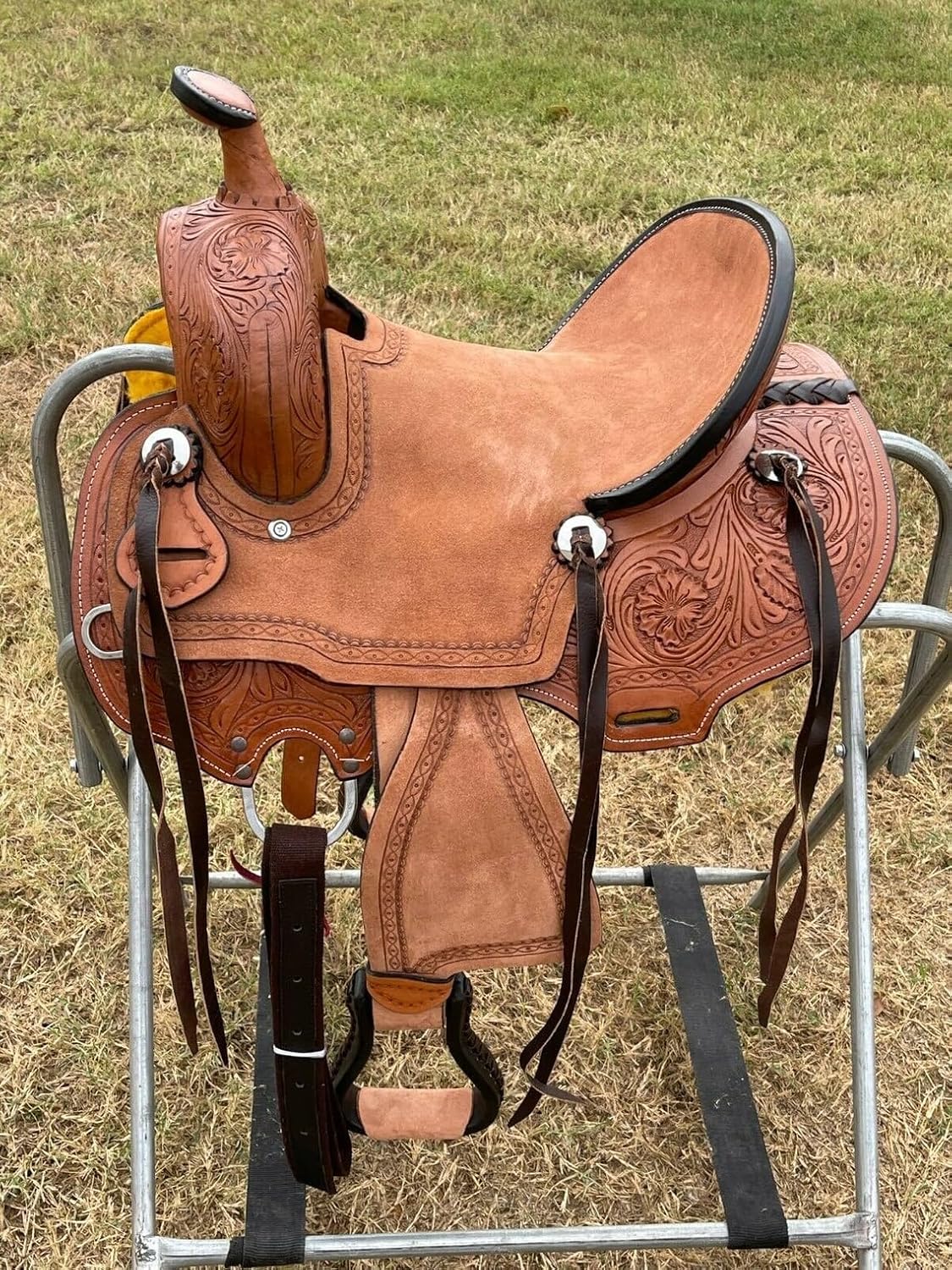Western Horse Saddle Wade Tree A Fork Ranch Roping Work Handmade Tooled Carved Premium Leather Equestrian Trail Horse Saddle for Horse Riding Size: 10-18 inches Seat, OS51