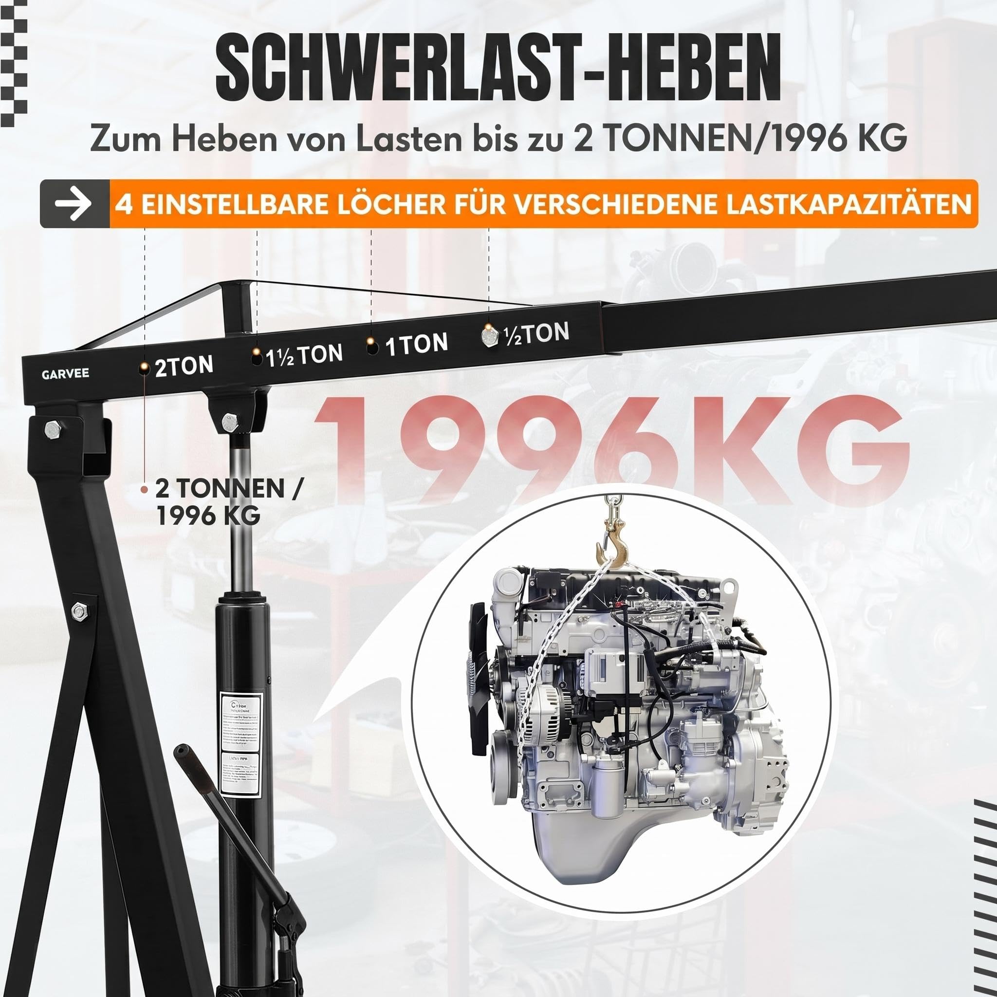Garvee Motorheber, 2 Tonnen Gewicht, Tragkraft 1996 KG, Hydraulischer Hebekran, Faltbar, Teleskop-Ausleger, 6 Rollen, Mobile Werkstatt Kran, Schwerlast, Garage Hebekran, schwarz