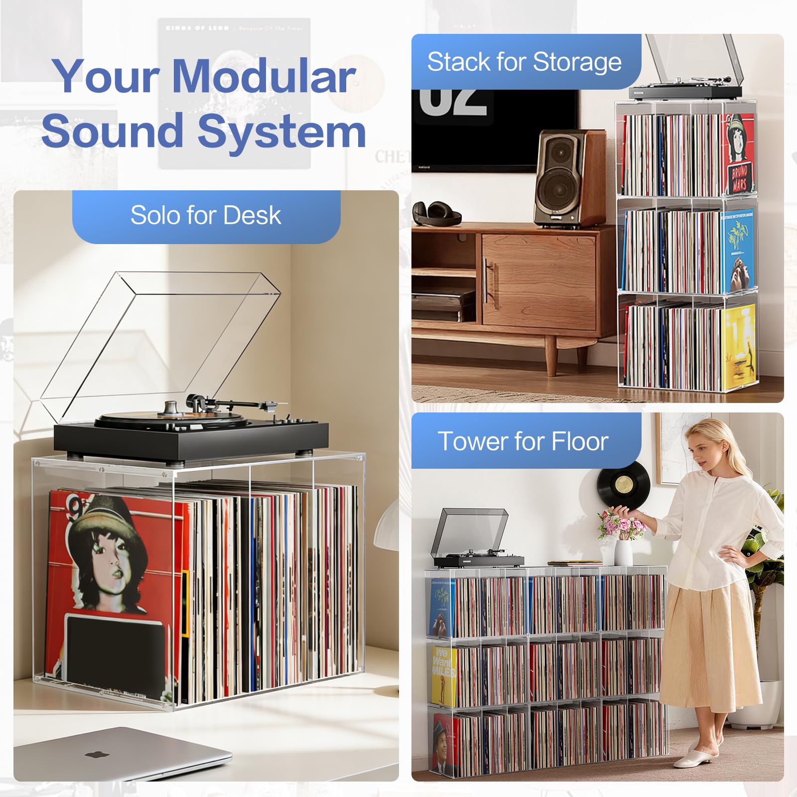 Bikoney Przechowywanie Płyt Winylowych, Akrylowy Stojak Możliwy do Układania w Stosy, Organizer na 50+ Albumów, Przezroczysty Pojemnik na Winyle 12" i 7", Crystal Clear Gramofon Stół z Akrylu