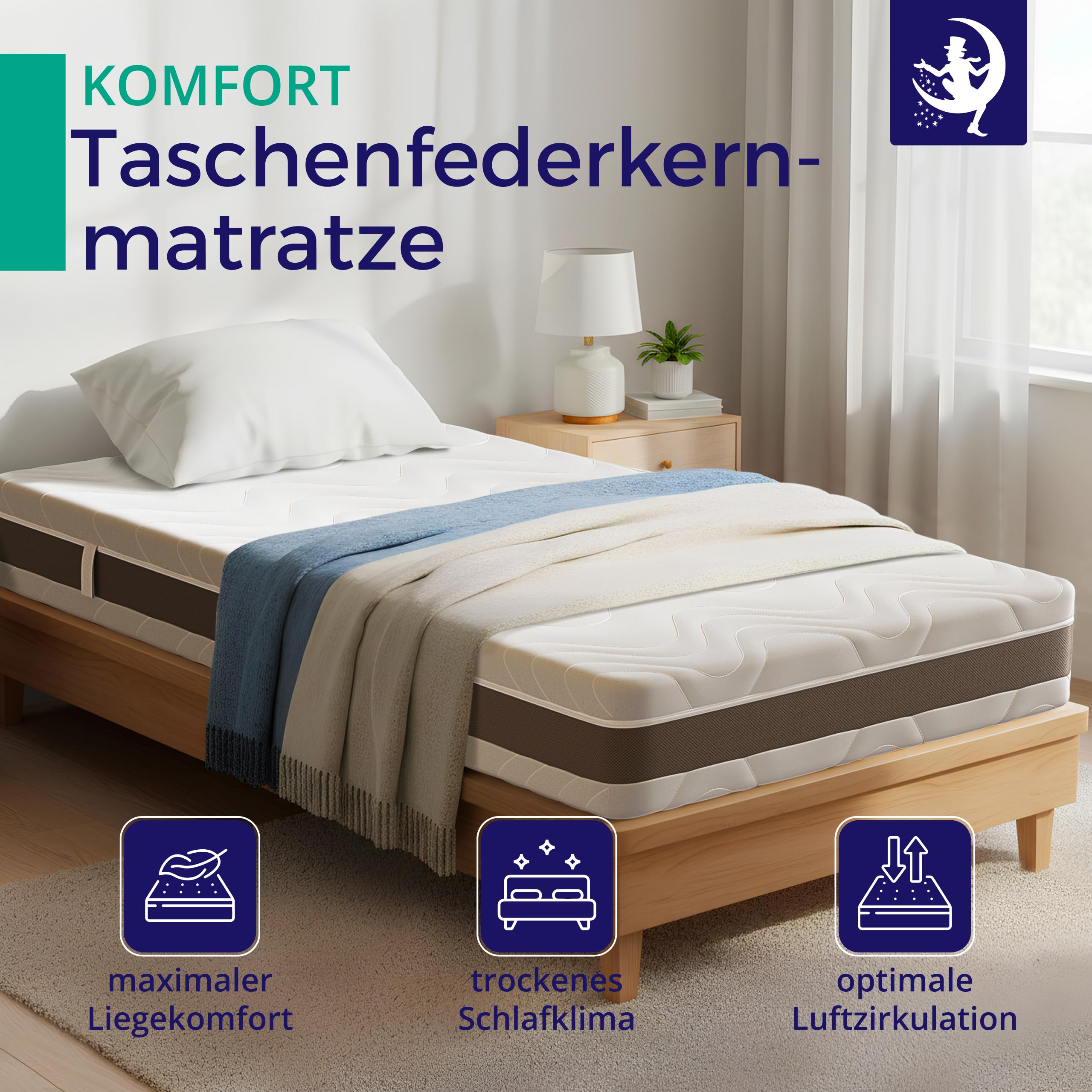 Mister Sandman Matratze 180x200, Höhe 24cm, Premium Federkernmatratze mit Taschenfedern, Matratze H3 H4, 7 Zonen, Taschenfederkernmatratze, Abnehmbarer und waschbarer Bezug, Allergikergeeignet