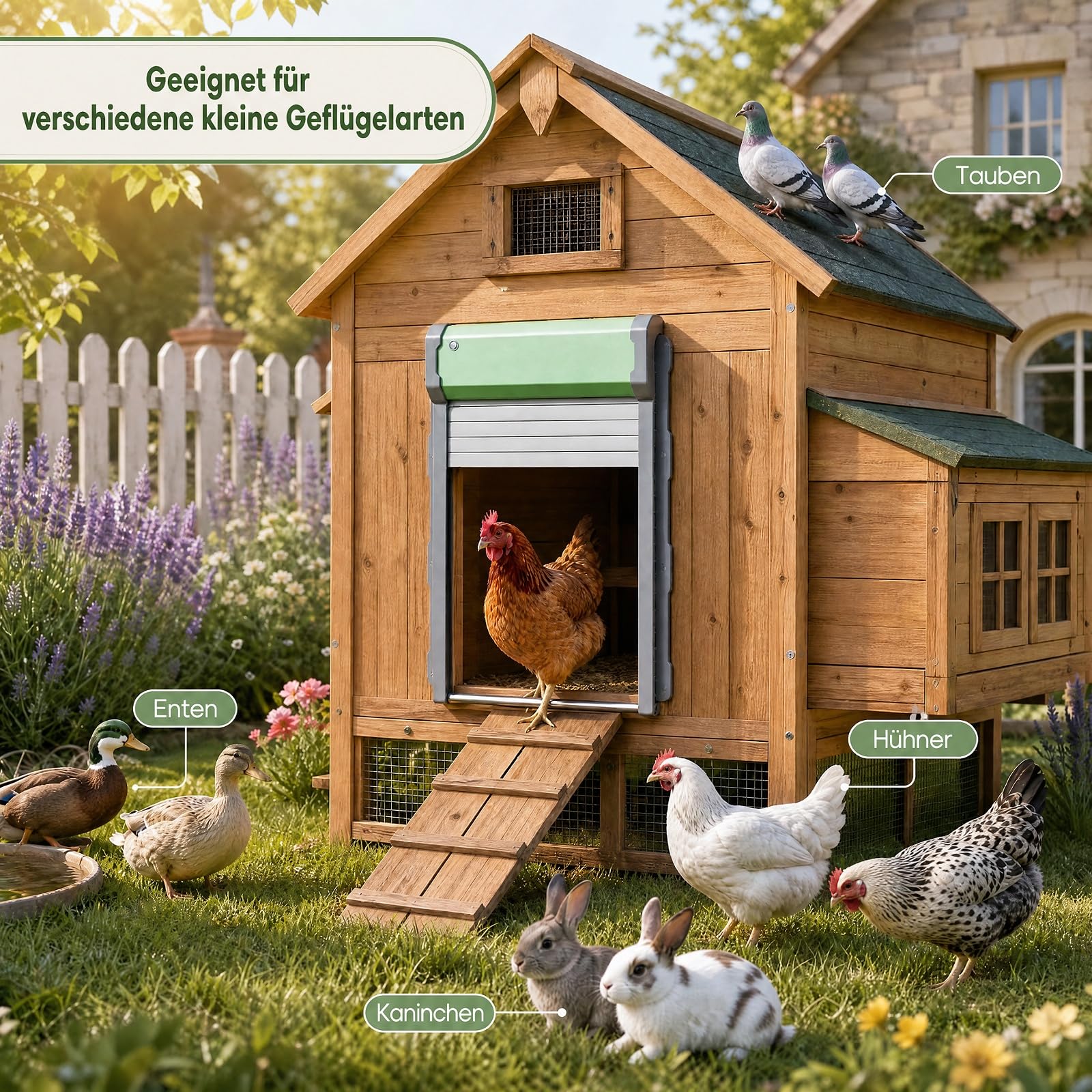 GYMAX Puerta Gallinero Automatica Solar con Control Remoto de 40 m, Puerta de Pollo Automática con Temporizador, Sensor de Luz, Modo Manual a Botón, Batería Recargable y Panel Solar para Exterior
