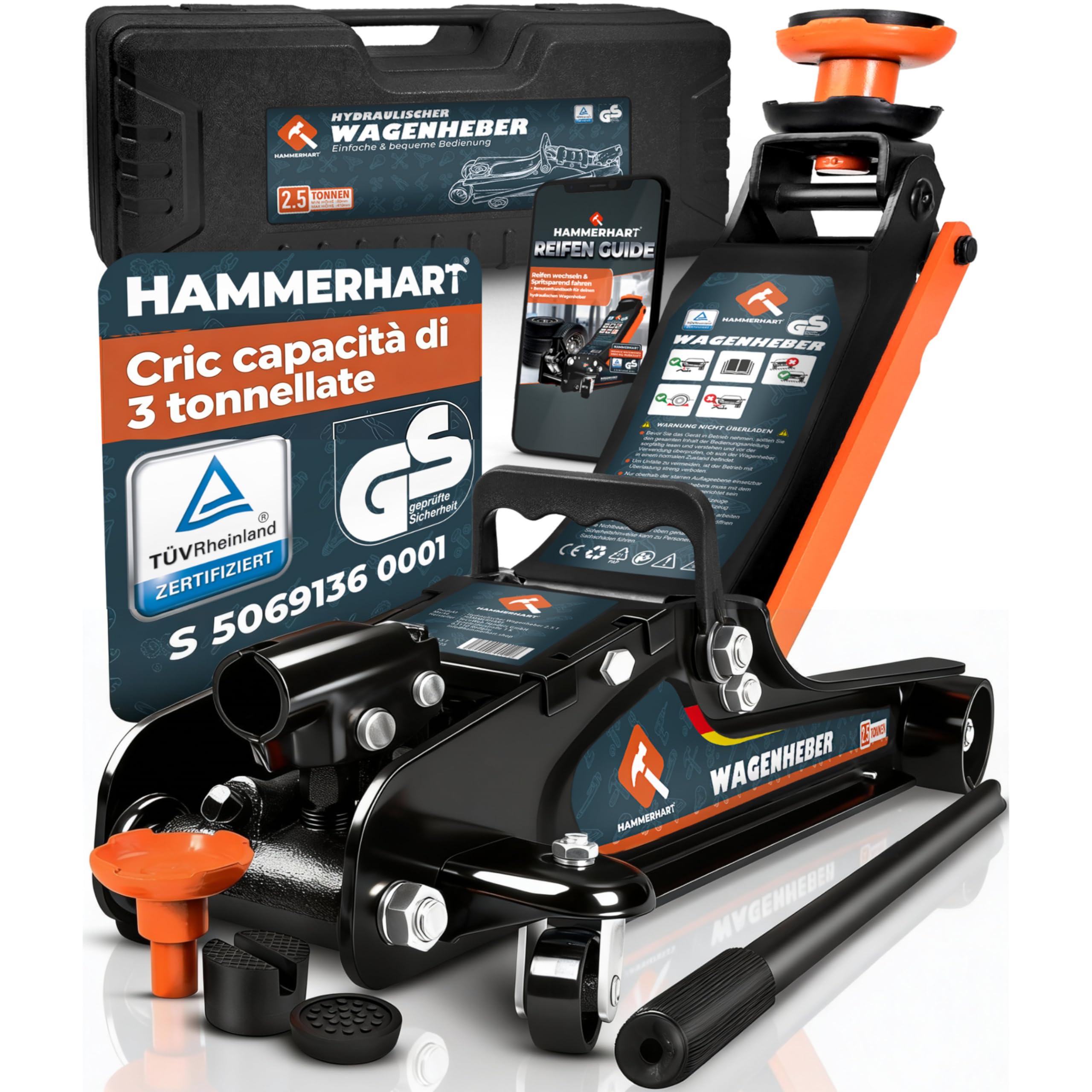 Cric per auto 2,5 tonnellate | Sollevatore auto certificato TÜV con altezza di sollevamento da 85 a 384 mm | Cric idraulico premium con ruote a 360° e doppio pistone | Cric supporti in gommae valigett
