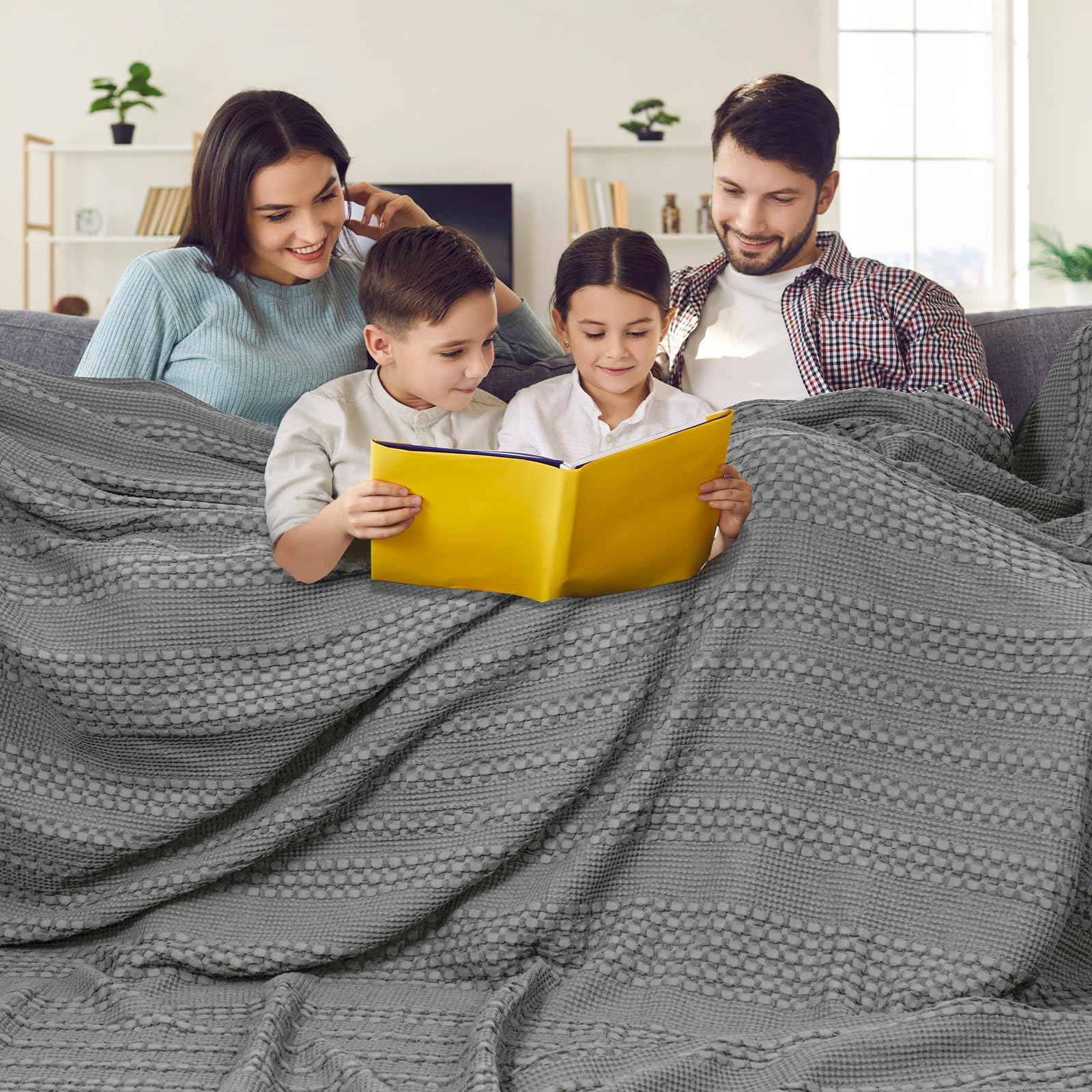 phf 100% cotton waffle blanket oversized king 120"x120", lightweight breathable extra large 10'x10' blankets for bed, giant big luxury aesthetic woven bedding for home decor, dark grey