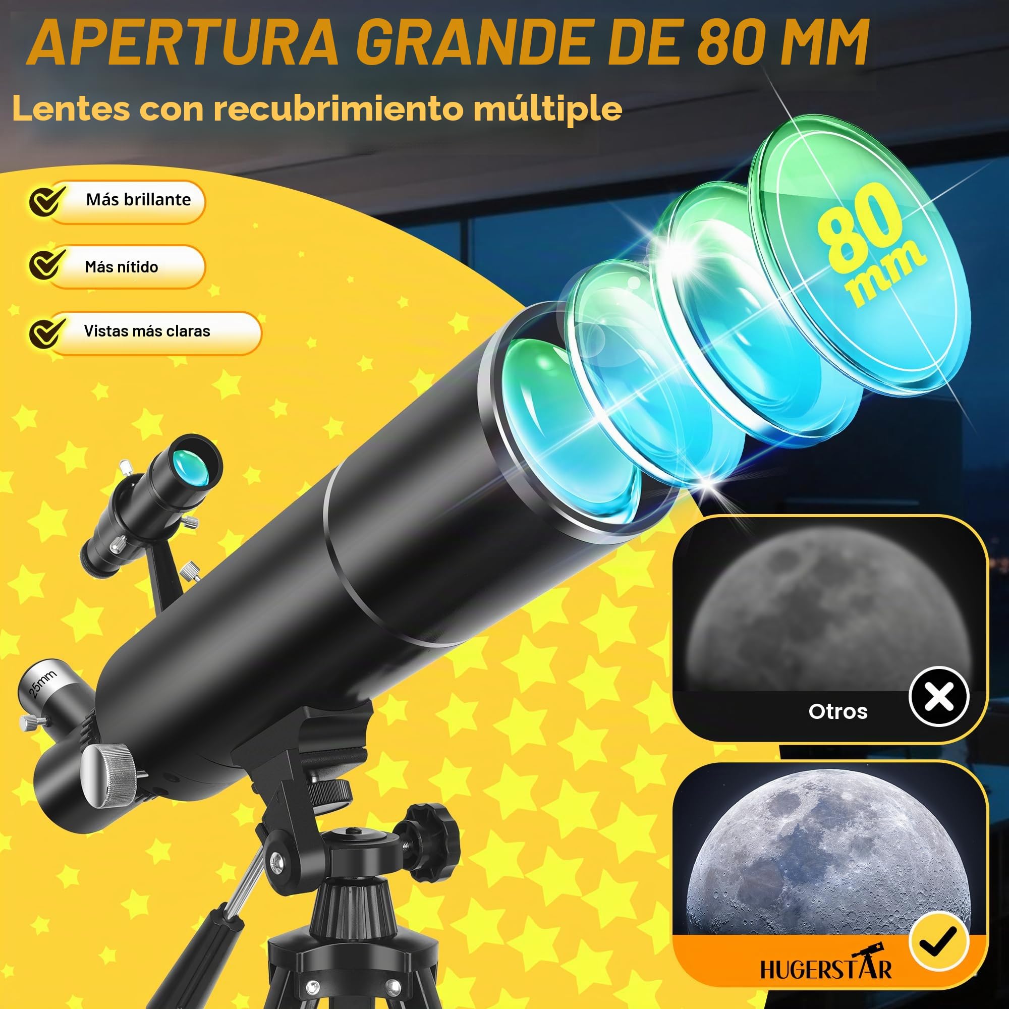 Telescopio Astronómico Adultos Profesional, 80/500 mm Refractor Portátil Telescopio Principiantes y Niños con Trípode y Adaptador para Teléfono – Ideal para Observar la Luna y la Naturaleza