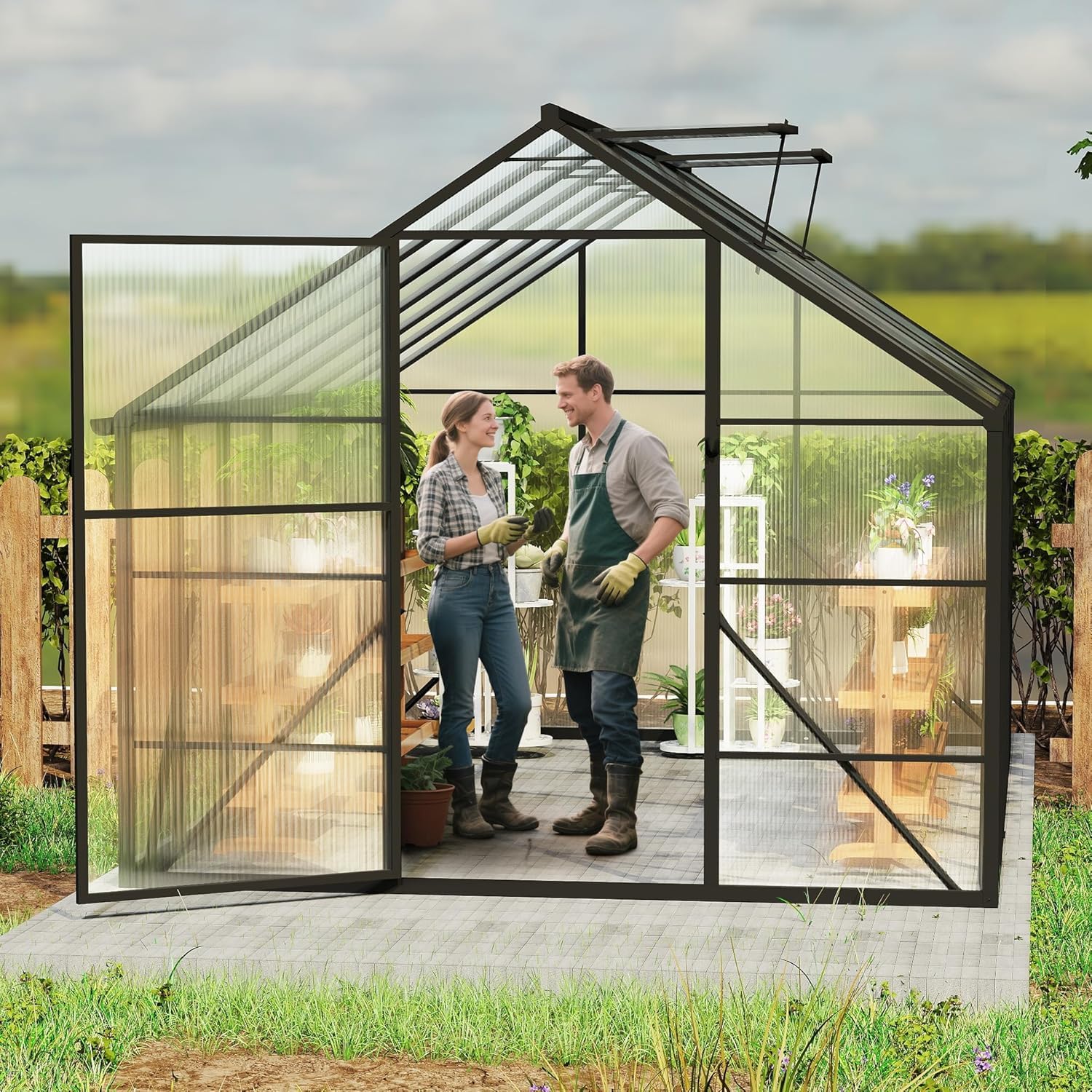 LZQ Aluminiowa szklarnia ogrodowa z fundamentem 380 x 250 x 205 cm, szklarnia, szklarnia z drzwiami przesuwnymi i świetlikami, szklarnia, szopa ogrodowa, odporna na zimę, szklarnia pomidorów (12 x 8