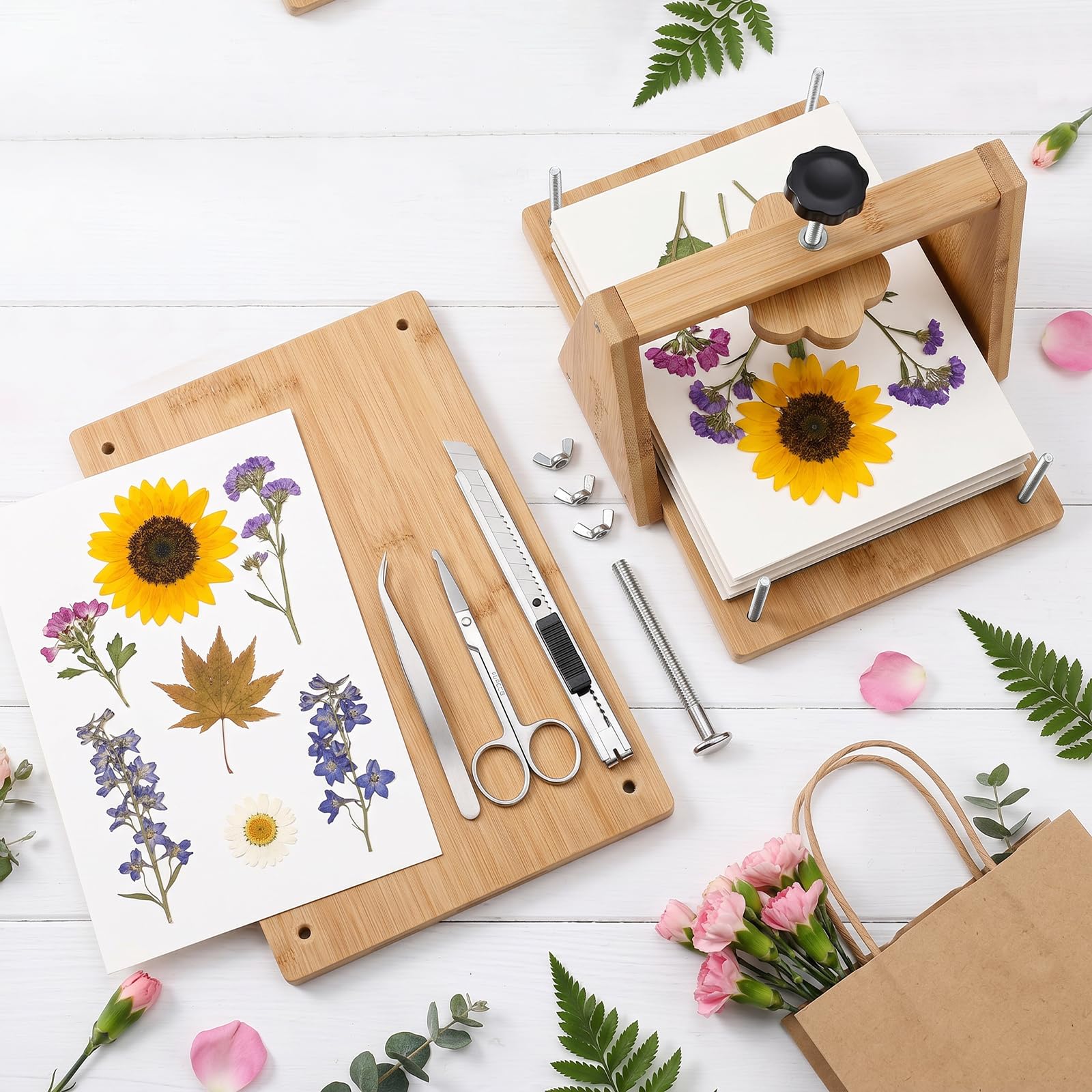 HomdMarket Großes Blumenpresse, Holzblumenpresse für Erwachsene Kinder 30×20cm DIY Pflanzenpresse mit Schwammplatte, Trocknungsplatte und anderen Werkzeugen, geeignet für Handwerksliebhaber