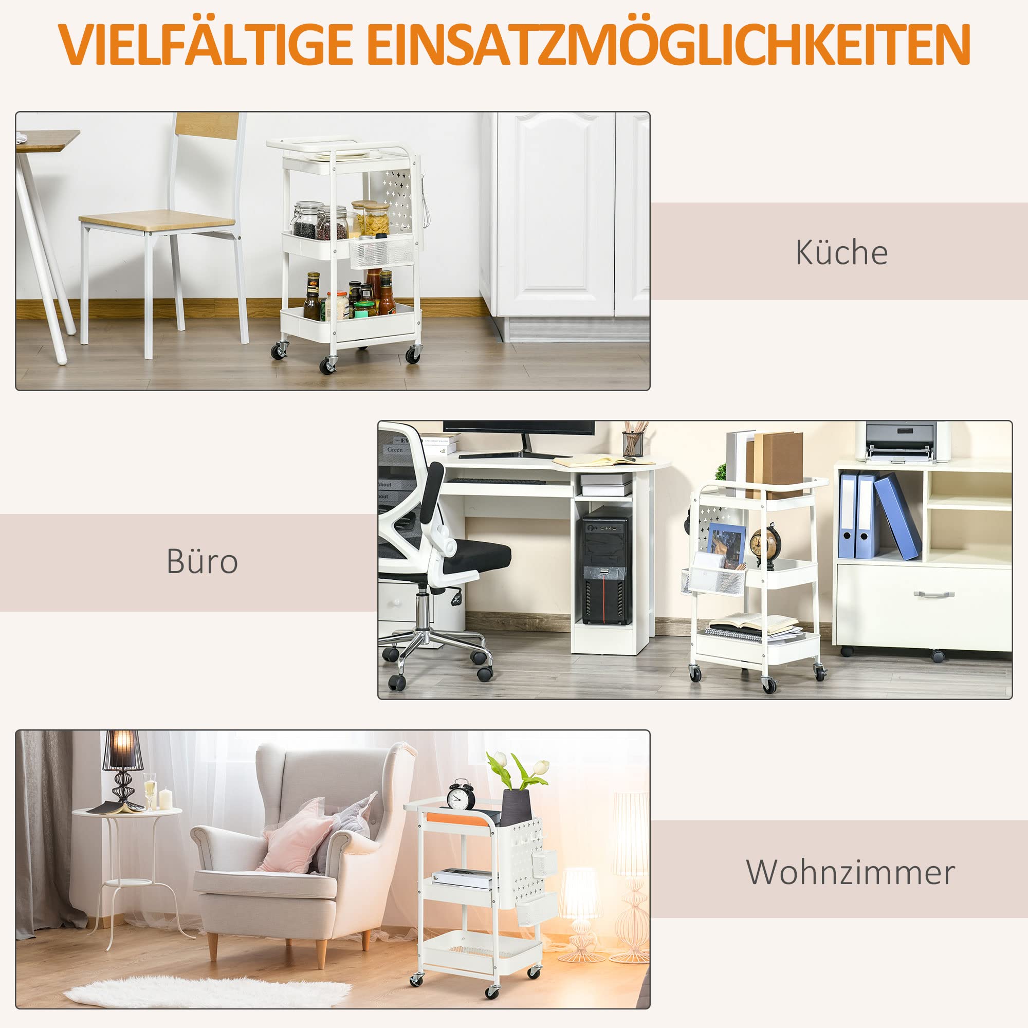 HOMCOM Wózek do serwowania z 3 poziomami, wózek kuchenny z rolkami, uchwyt, wózek z hakiem i koszem, regał kuchenny, wózek uniwersalny do kuchni, biura, łazienki, biały