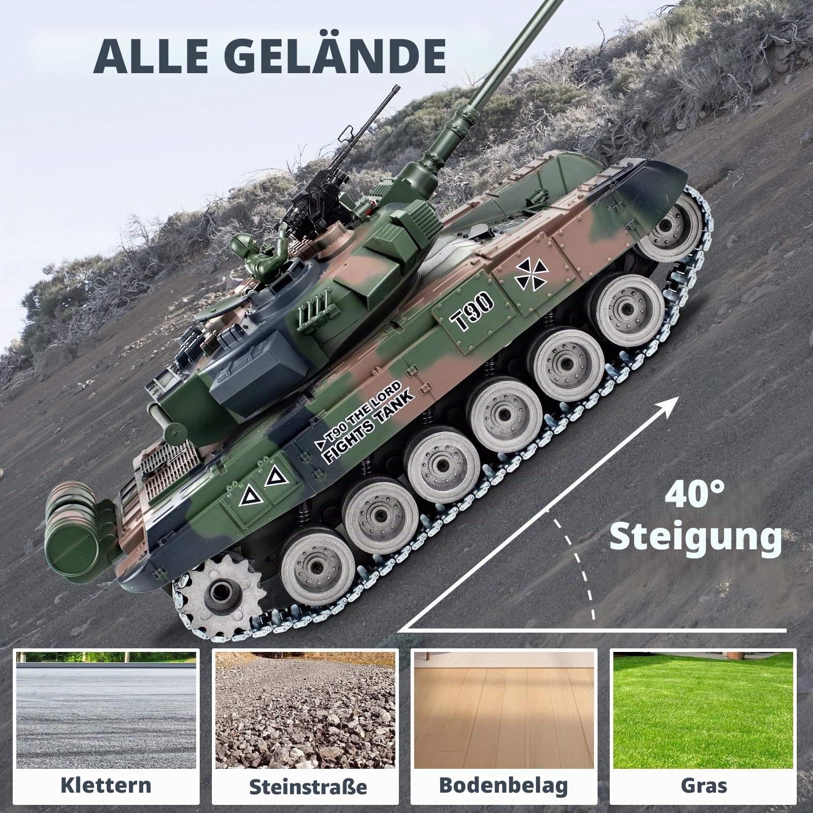 Supdex RC Panzer 1/18 Russischer T90, 2.4GHz Panzer Ferngesteuert mit Schussfunktion, WW2 Modell Panzer Metall Ketten Kampfpanzer, mit Rauch, mit Licht und Sound für Erwachsene und Kinder