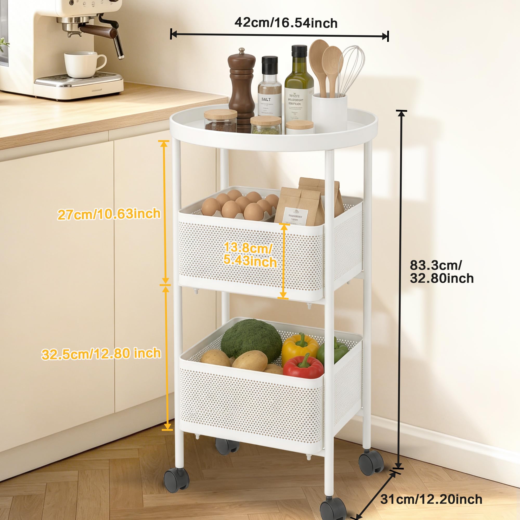 Carrito rodante de 3 niveles, carritos de almacenamiento de metal con ruedas, organizador de carritos para manualidades, cesta de malla para cama, cocina, oficina, arte, blanco lechoso