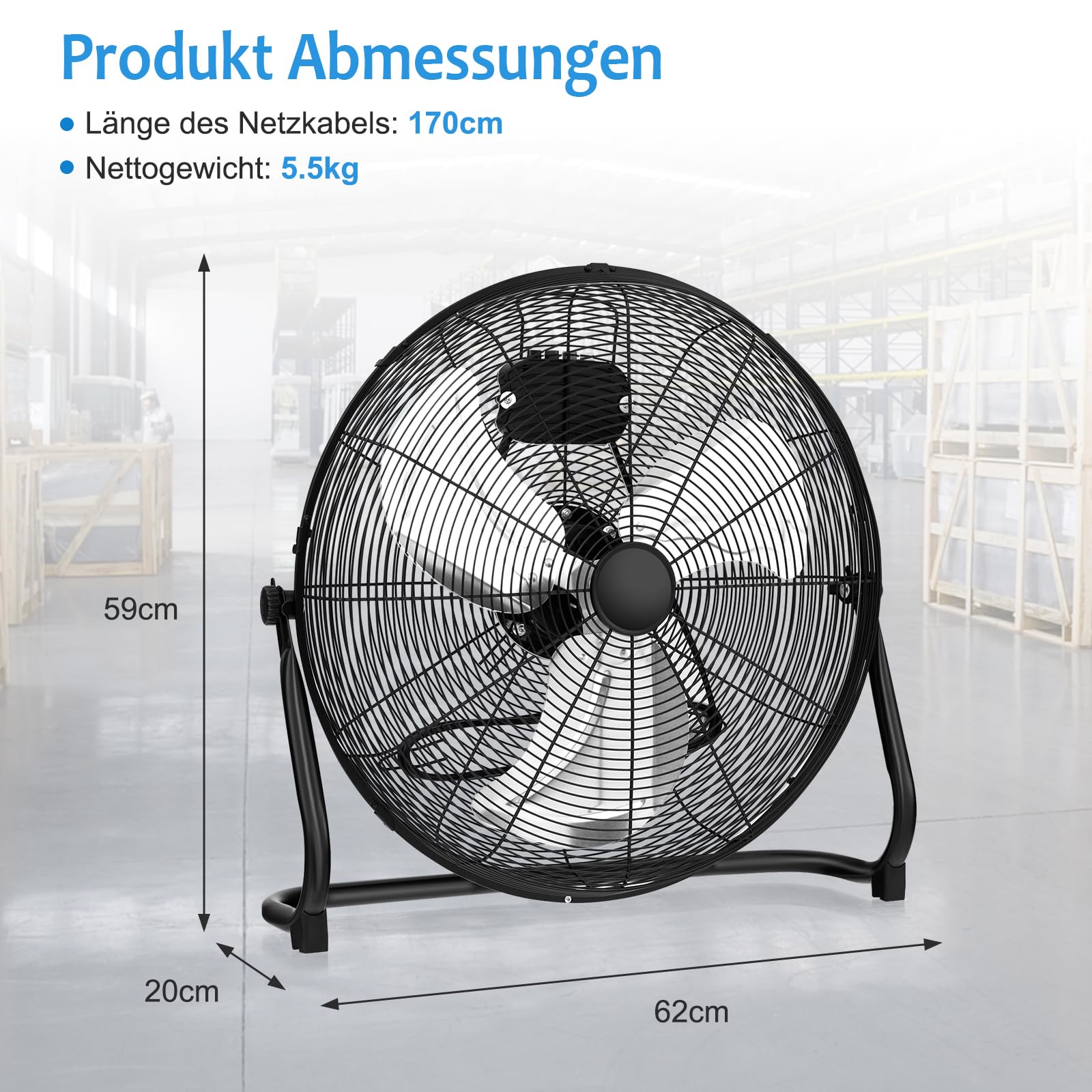 GOPLUS Bodenventilator, Ø 50 cm Standventilator mit 3 Geschwindigkeitsstufen & Handgriff, 145° verstellbarer Ventilatorkopf, hoher Luftdurchsatz, Windmaschine Ventilator für Lager, Werkstatt, Garage