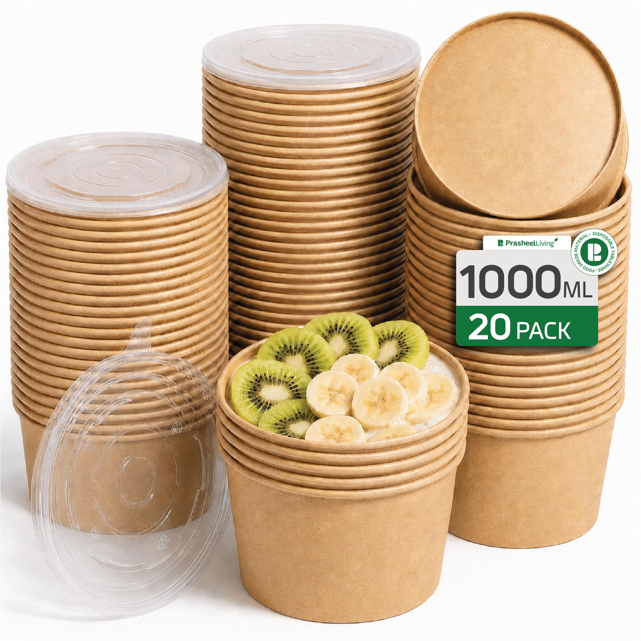 PrasheelLiving [1000 ml, 10 Pack] Disposable Round Kraft Paper Bowl with Lid | Takeout Containers for Hot/Cold Foods, Salad, Dessert, Soup, Noodles | Leak-Proof, Microwaveable Food Storage Containers
