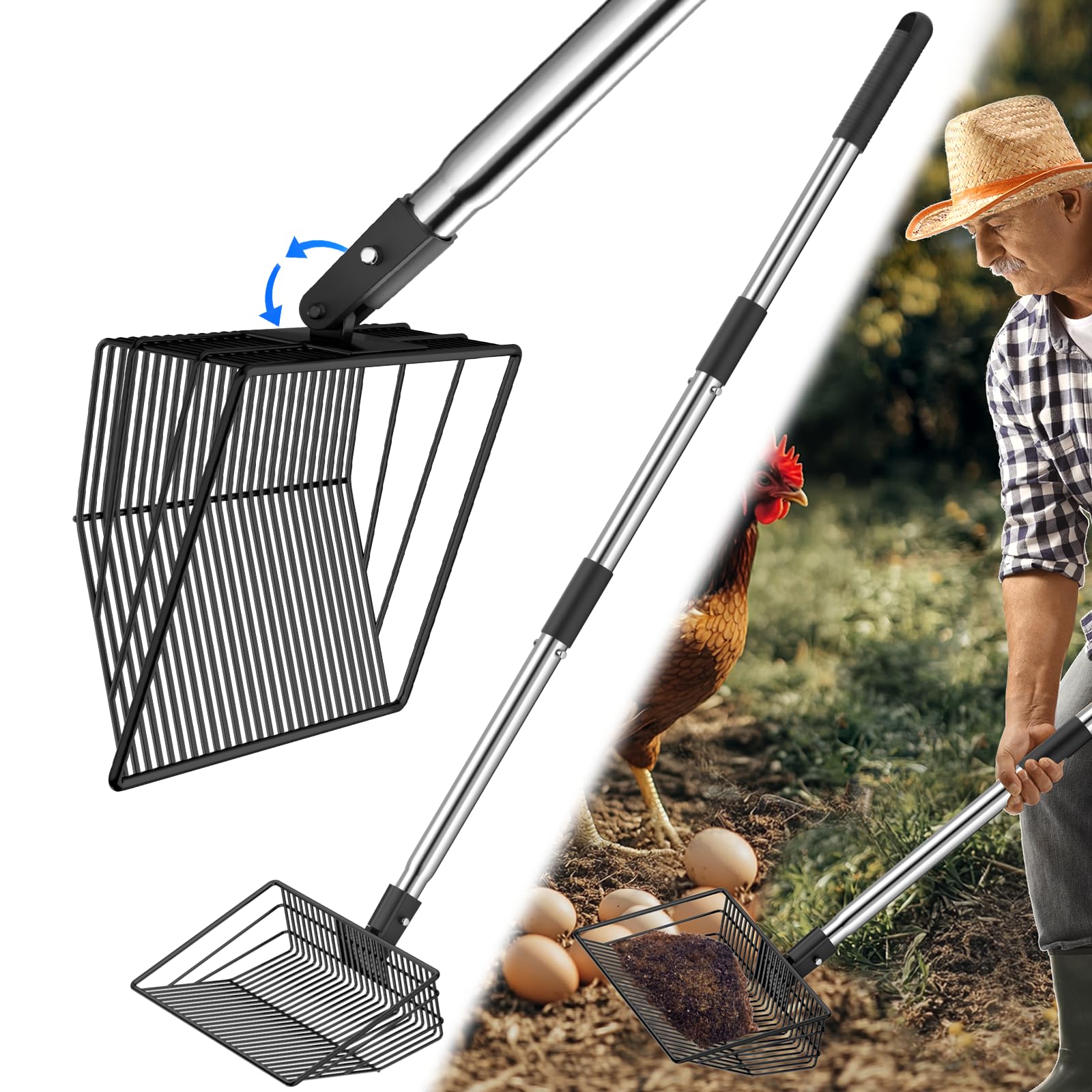 Chicken Poop Scooper 41 Inch – Adjustable Angle Stainless Steel Chicken Coop Sifter Shovel – Lightweight Ergonomic Litter Scoop for Easy Cleaning of Bedding, Sand &amp; Manure