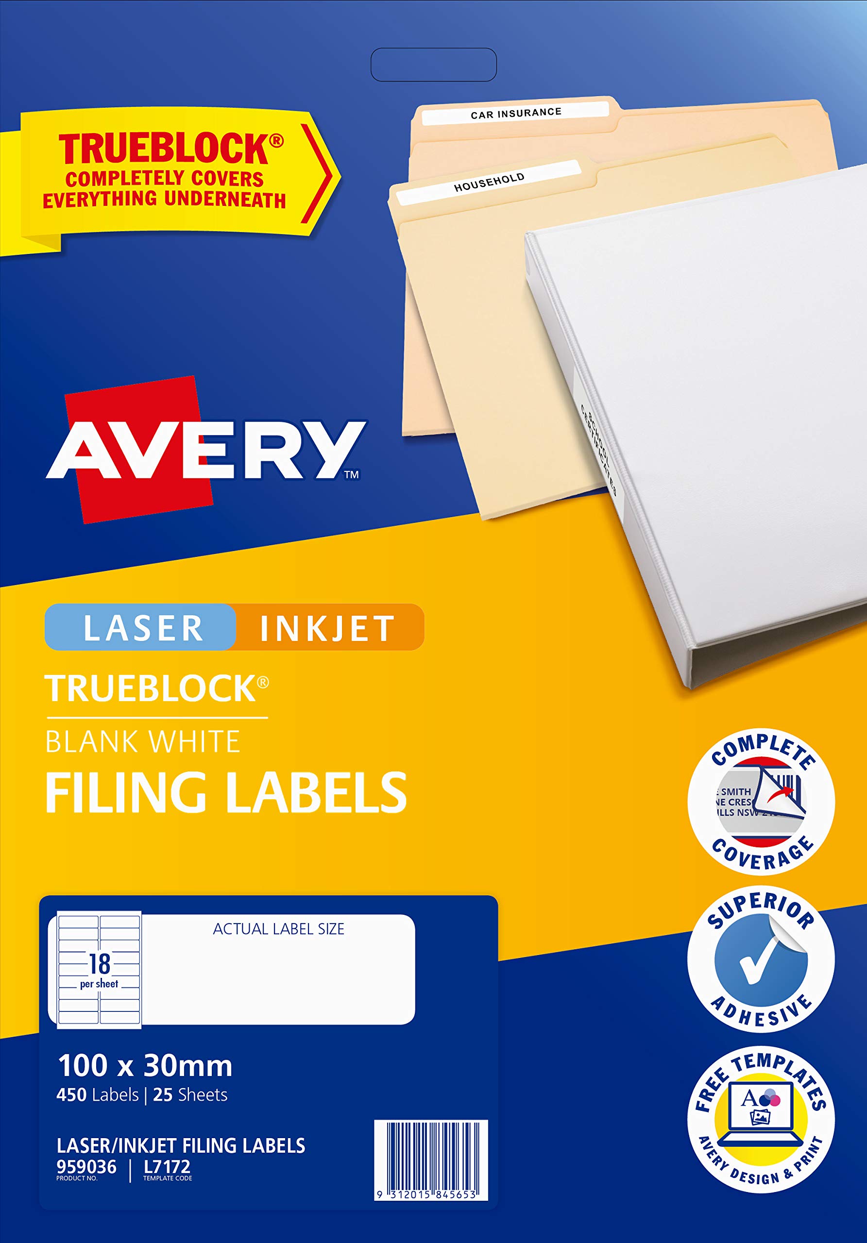 Avery 959036 L7172 - Etichette per stampante a getto d'inchiostro, 100 x 30 mm, 450 etichette