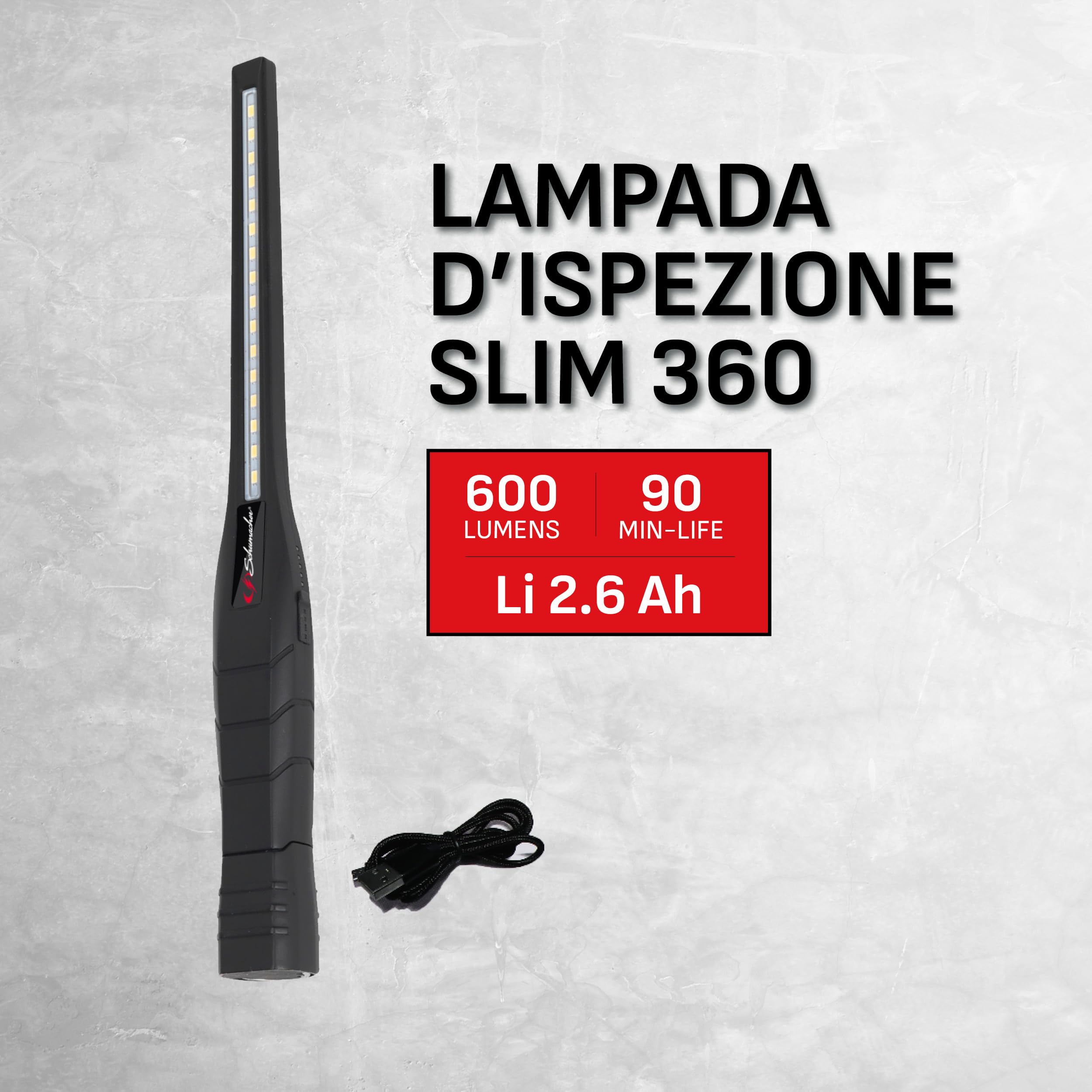 Schumacher SL184 Lampada LED da Lavoro 600 Lumen Nera | Illuminazione Direzionale Ultra Brillante, Rotante e Inclinabile a 360°, Dimmer, Batteria Ricaricabile Lithium-Ion 2600mAh