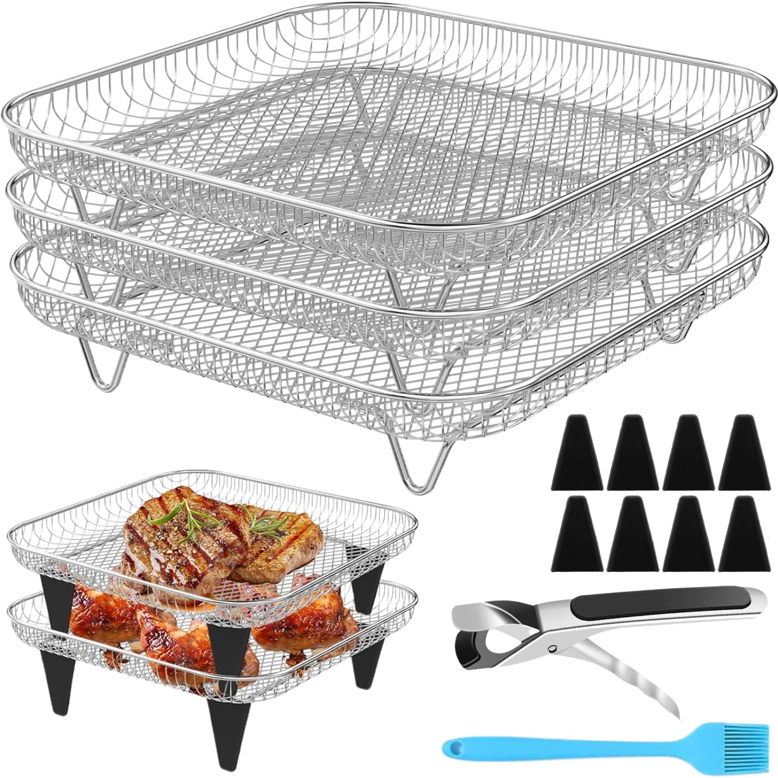 Air Fryer Accessories with 8pcs Foot Cover - 8" Square 3 Stackable Dehydrator Racks Fits 5.8 QT Air Fryer Racks for Cosori, Instant Vortex, Nuwave,