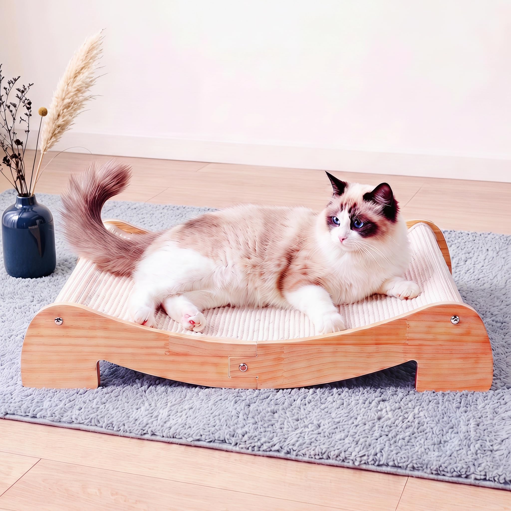 Extra Wide Cat Scratcher Bed, 26.5” x 16.7” – Stable Wooden Cat Scratcher Lounge with Natural Sisal, Solid Wood Horizontal Scratching Bed for Large Indoor Cats | Furniture for Cats