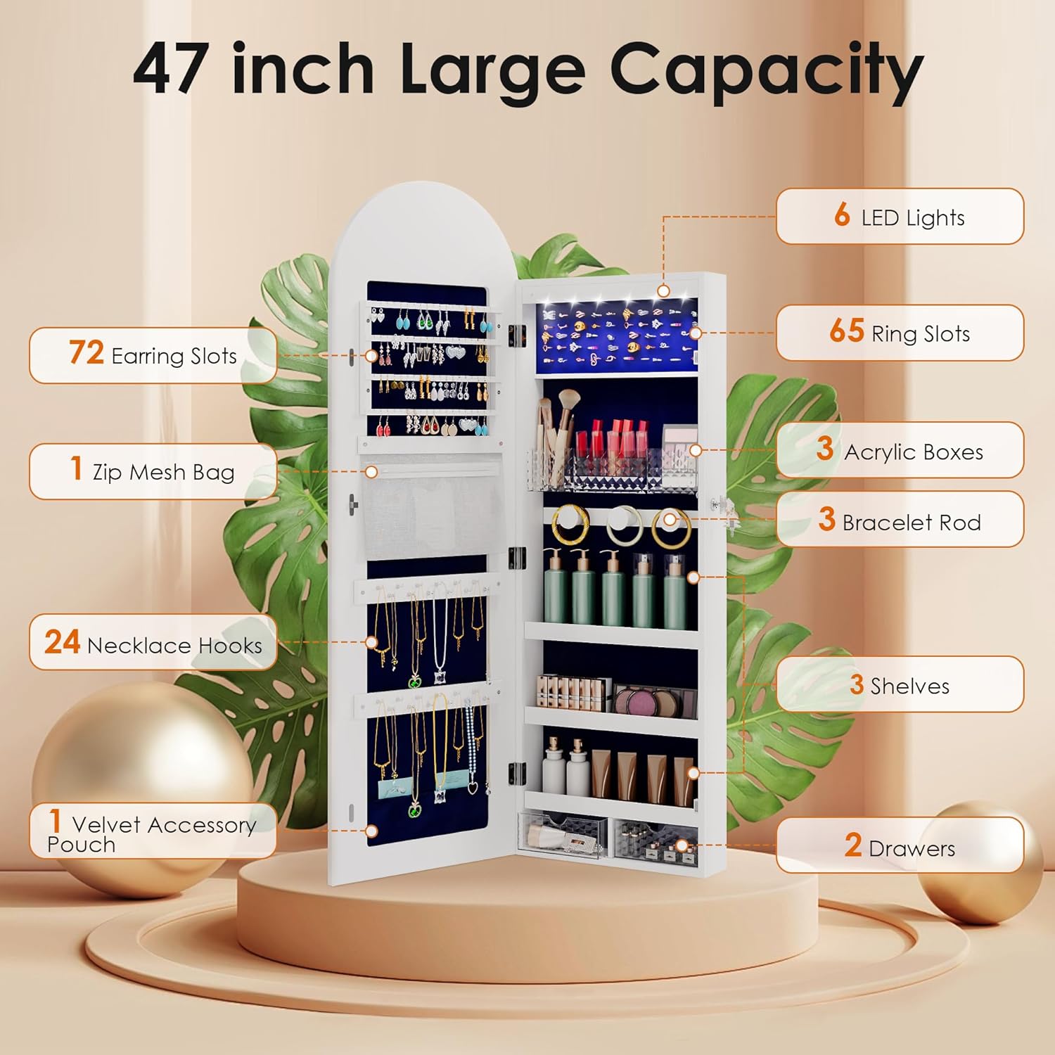 Lareth 47in Tall Jewelry Cabinet Organizer, Arched Wall or Door Mounted Jewelry Armoire with Full-Length Mirror, 6 LEDS Lockable Hanging Mirror Cabinet with Storage, 2 Drawers, Women Girls Gifts,White