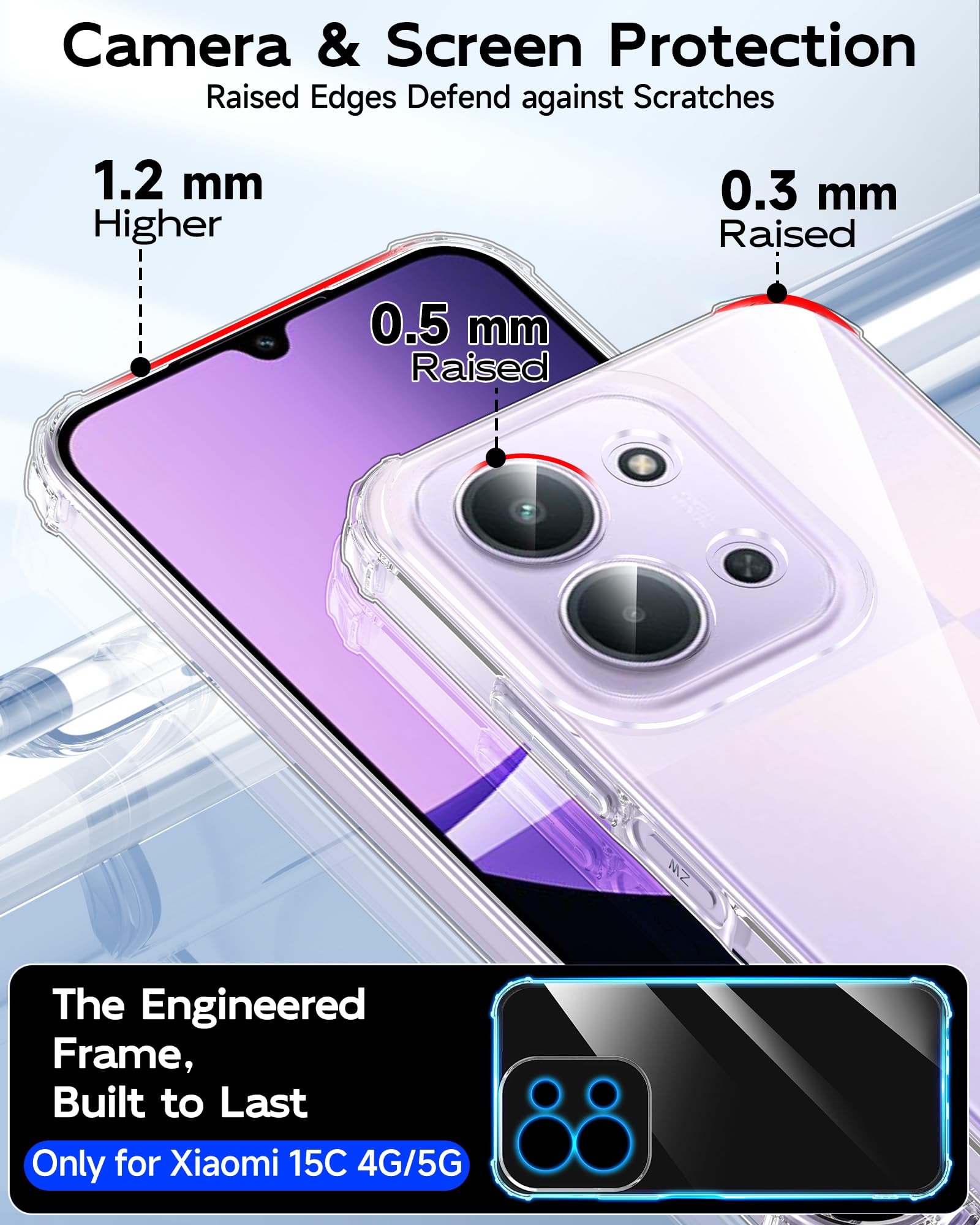 LeYi Etui na Redmi 15C 4G z 2 szkłem hartowanym, ochrona aparatu Etui silikonowe miękkie TPU Bumper Oryginalny Slim Odporny na wstrząsy Etui na telefon Redmi 15C 4G, przezroczysty