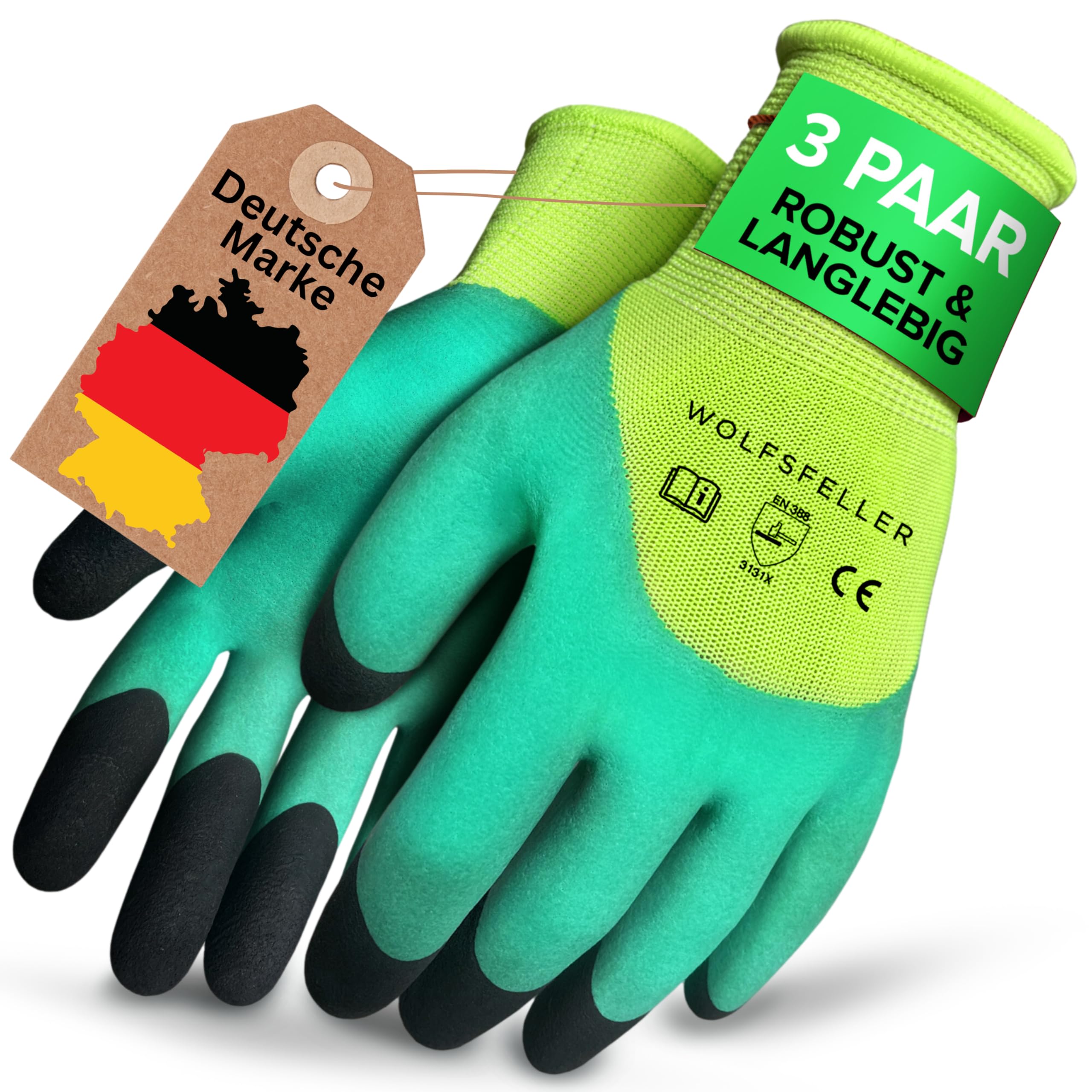 WOLFSFELLER 3 Paar robuste & komfortable Gartenhandschuhe Damen & Gartenhandschuhe Herren Gr 10 - Handschuhe Garten Handschuhe - Gardening gloves mit doppelt beschichteten Fingerspitzen