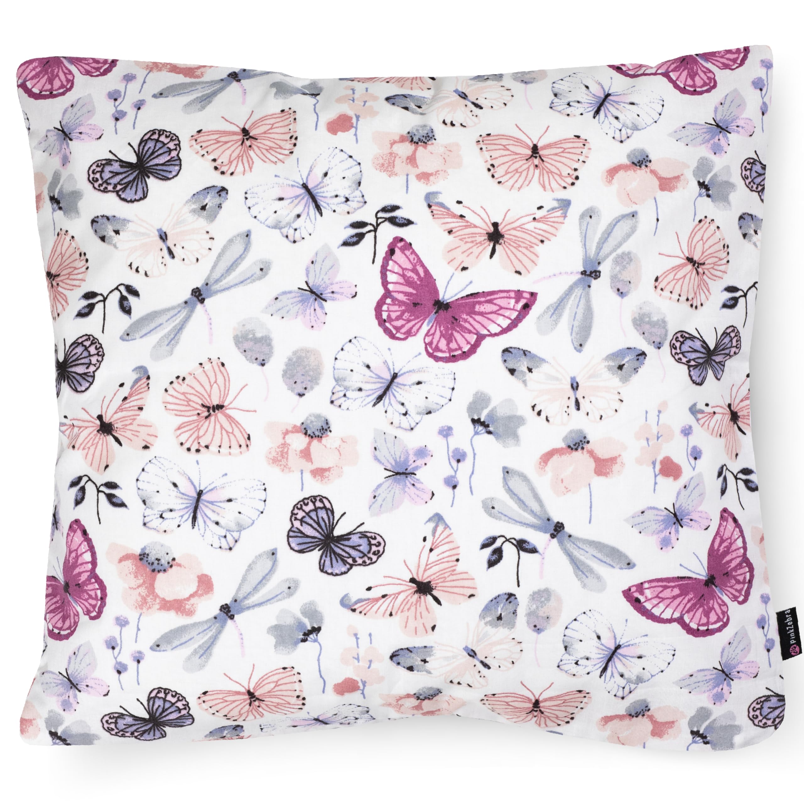 PinkZebra 20 x 20 cm Kopfkissenbezug Kinder, Kissenbezug aus 100% Baumwolle, Kissenhülle, Öko-tex Standard 100, Bezug mit Reißverschluss, Made in EU, Schmetterlinge und Libellen