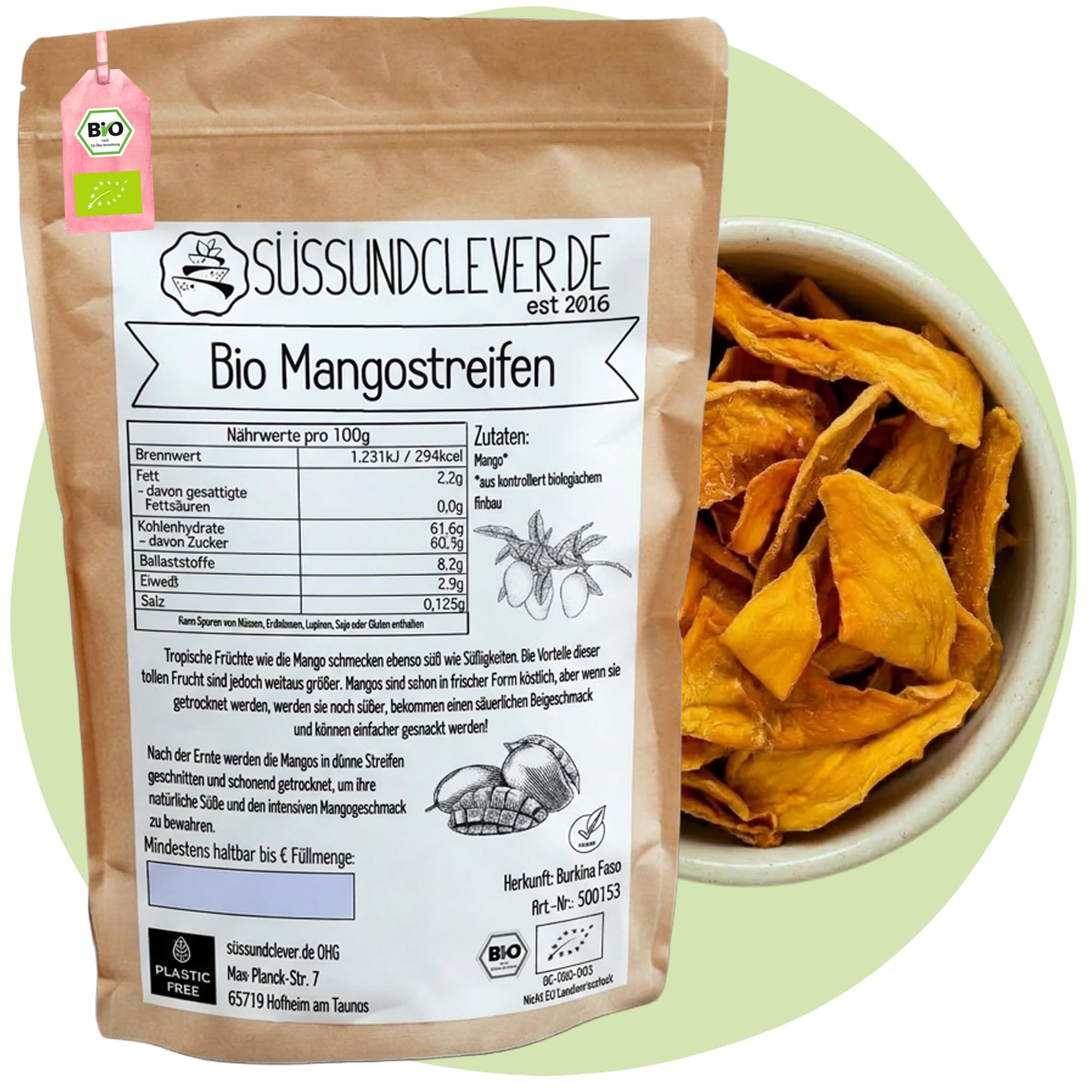 süssundclever.de® | Bio Mango, getrocknet | 1,0 kg | Mangostreifen | Sorte: Brooks | plastikfrei und ökologisch-nachhaltig abgepackt | getrocknete Mango Streifen
