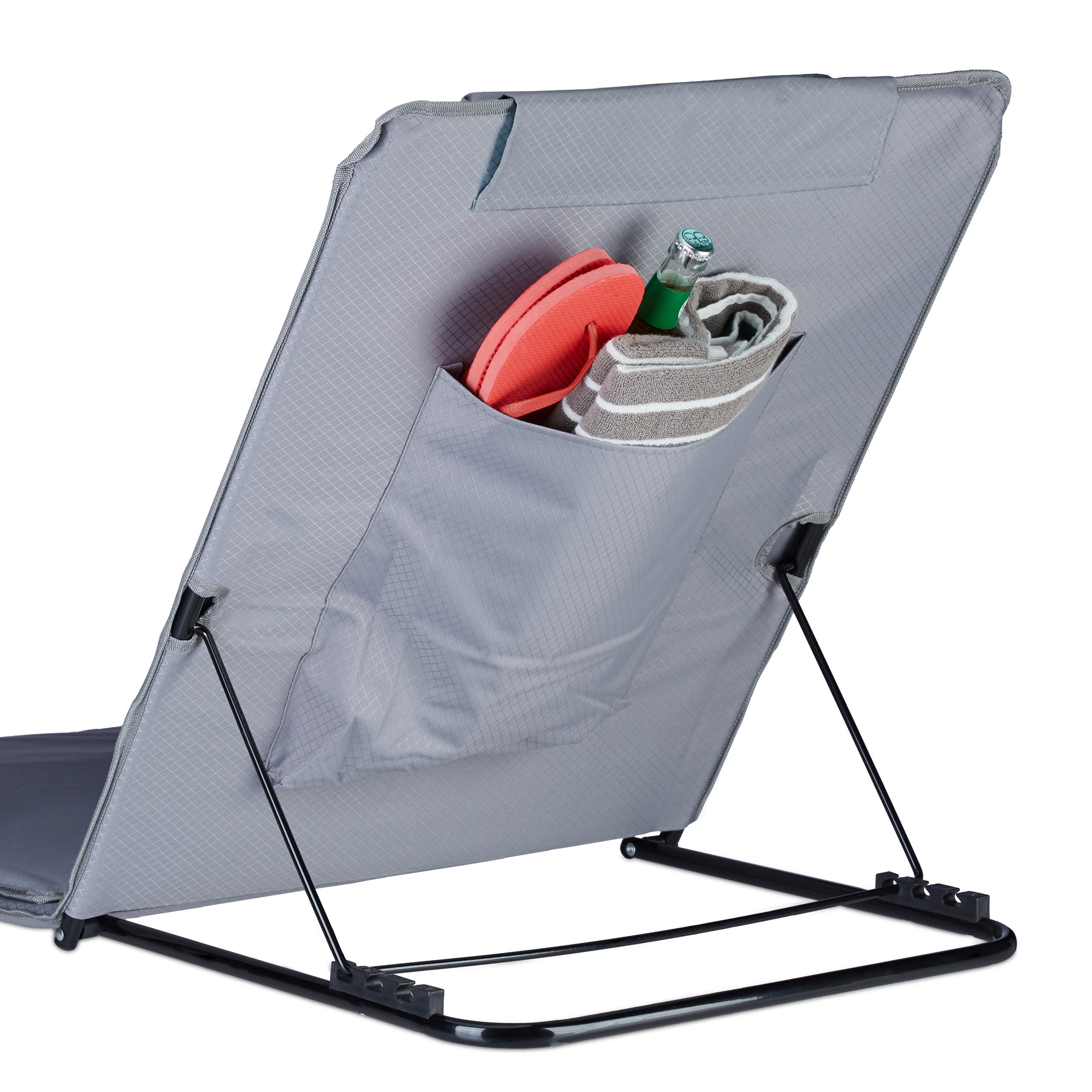 Yakimz Strandmat, inklapbaar met rugleuning, strandstoel, licht gevoerd, 3-traps verstelbaar, met hoofdkussen en opbergvak, zonnebed, strandstoel, kan 100 kg dragen