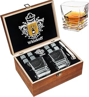 Whiskey Stones Gift Set - Heavy Base Glasses for Scotch Bourbon Drinker- Whisky Rocks Chilling Stones in Wooden Gift Box - Burbon Gift Set for Men - Idea for Birthday, Anniversary, Fathers Day