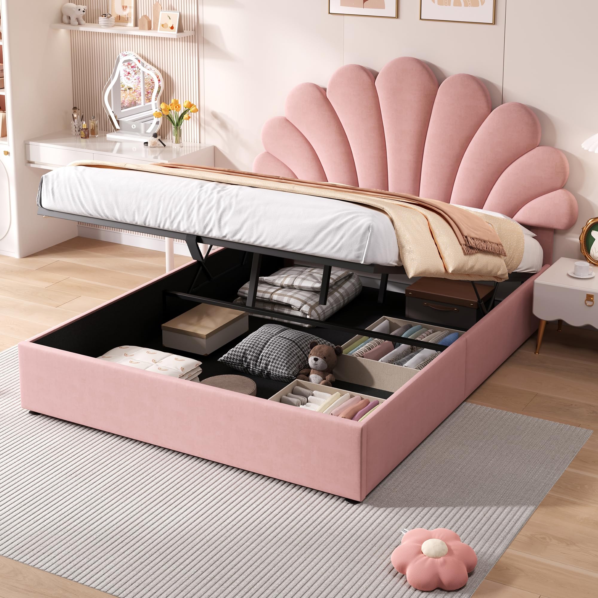 4ft6 Double Bed Frame with Storage, Hydraulic Gas Lift Upholstered Ottoman Bed Frame with Adjustable Petal Headboard & Wooden Slats, Velvet Fabric Youth Beds for Adult Kids Teenagers,Pink,No Mattress
