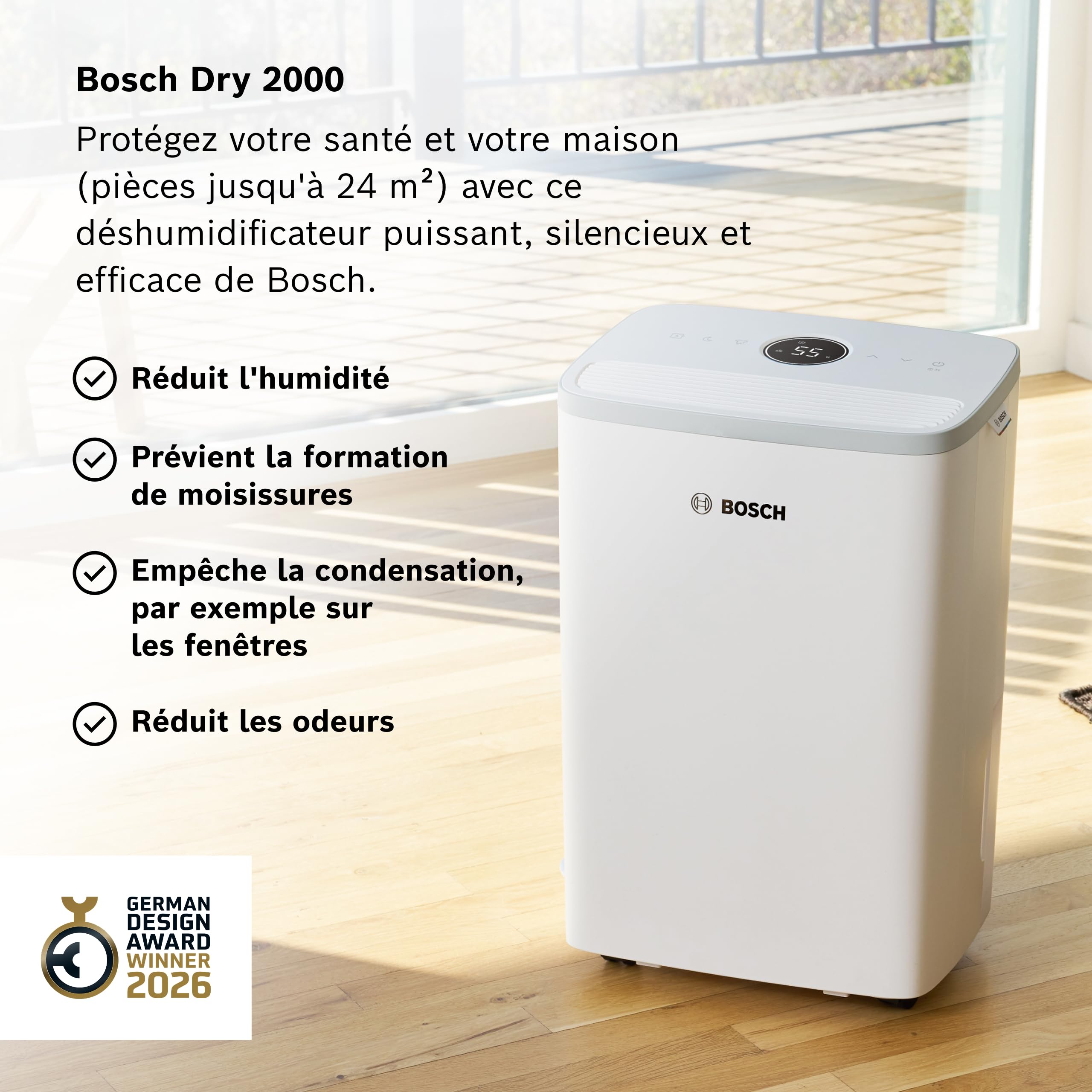 Bosch Dry 2000 - Déshumidificateur - Facile. Efficace. Silencieux. Pour la maison et la chambre - Pour jusqu'à 24 m² - Séchage rapide du linge