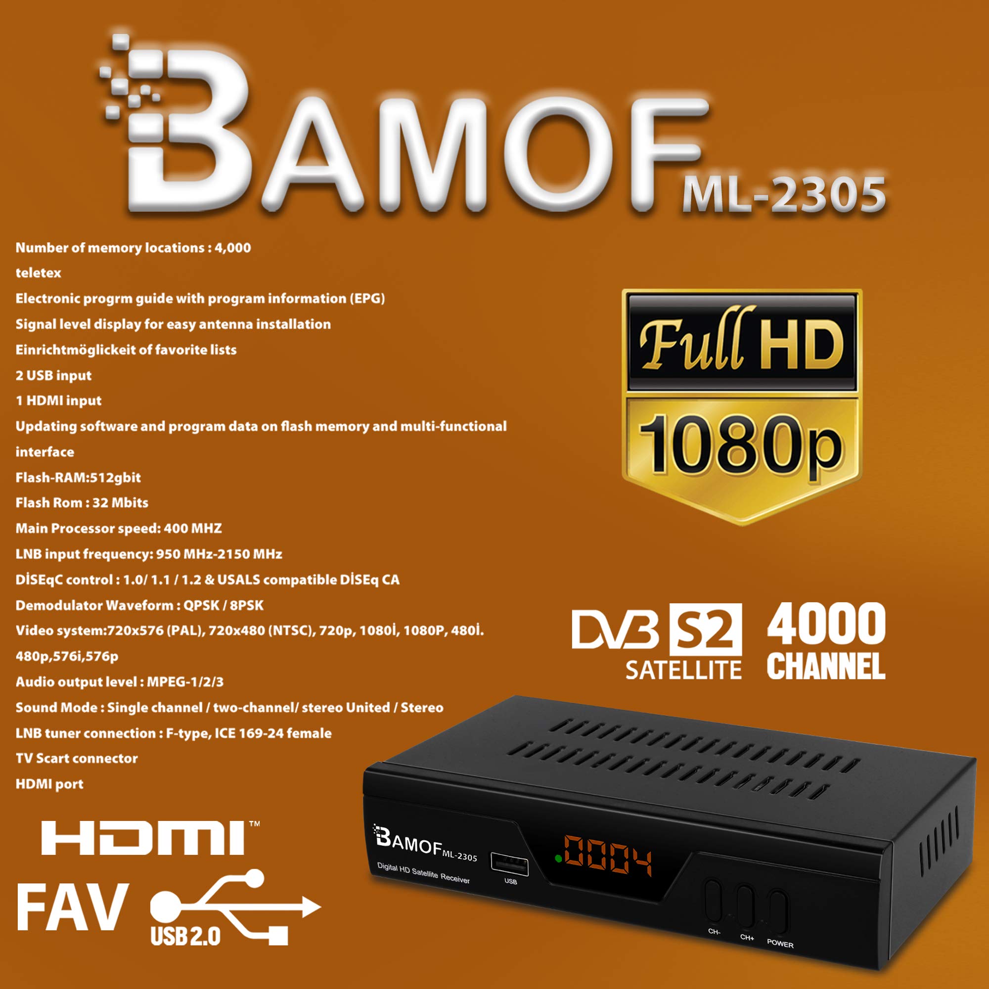 hd-line Bamof 2305 - Receptor de satélite Digital (HDTV, DVB-S/S2, HDMI, euroconector, 2 Puertos USB 2.0, Full HD 1080p) [preprogramado para Astra Hotbird Türksat] [Clase energética A+++]
