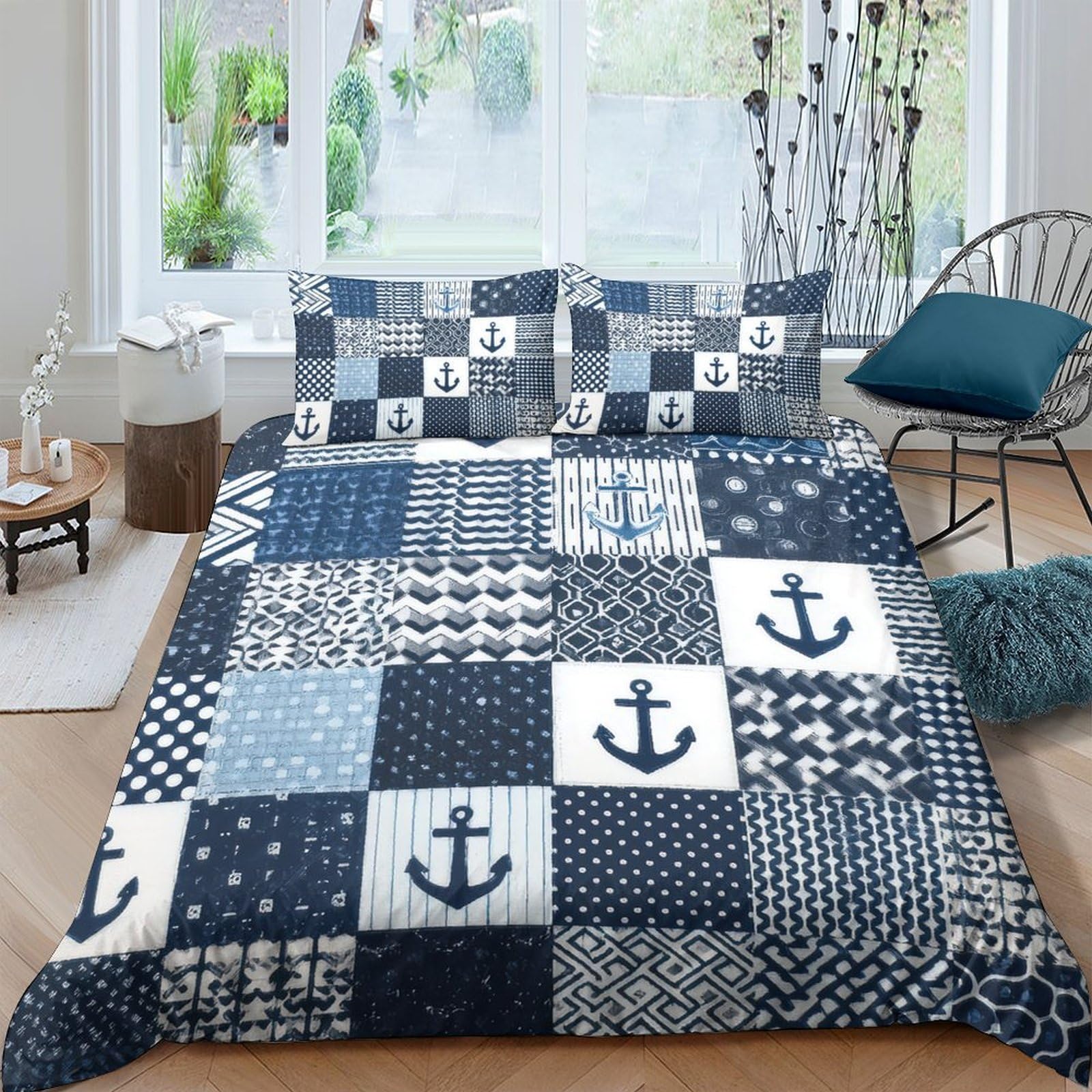 Ctjqhvkz Style-7 3D Printed Nautical Anchor Fitted Sheet Microfiber Soft Blue Patchwork Bed Cover For Bedroom Guest Room Decor Single（135X200cm）