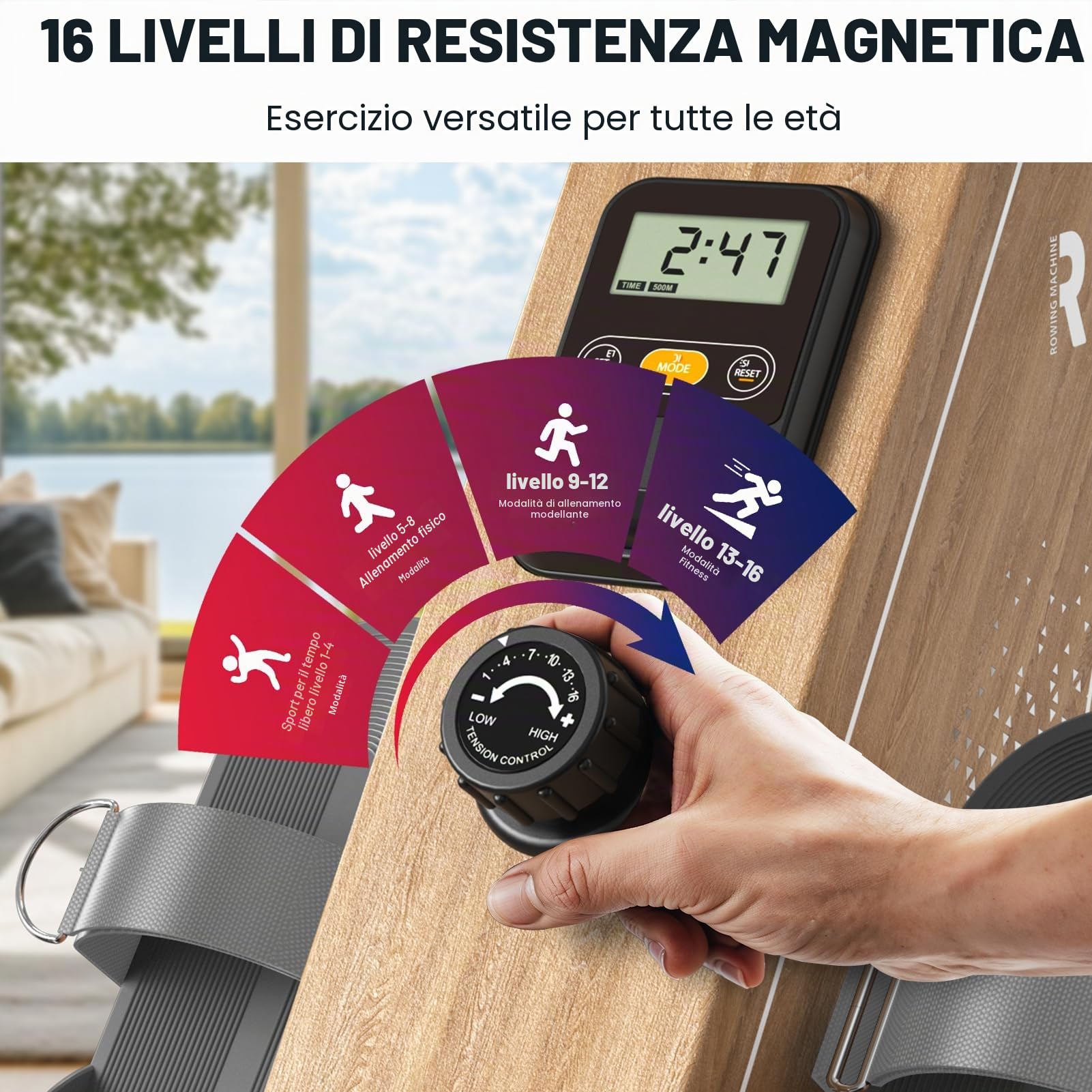 Vogatore per casa OR3, vogatore magnetico con monitor Bluetooth, 16 livelli di resistenza, vogatore compatto con capacità di peso di 150 kg, conservazione verticale