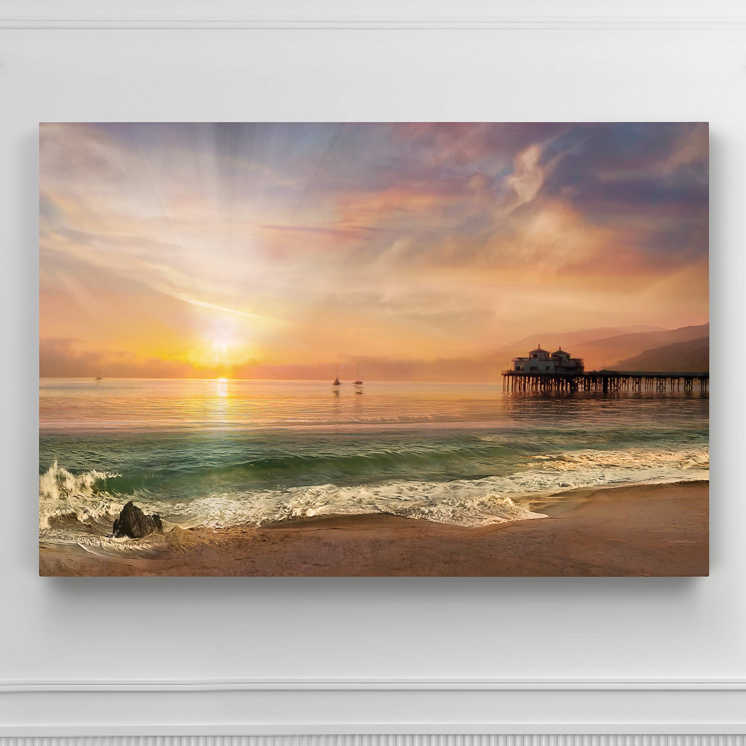 Renditions Gallery Home Wall Art Pictures Sunset View At Calm White Sandy Beach Canvas Hanging Prints For Living Room Office Walls - 32"X48" LT08