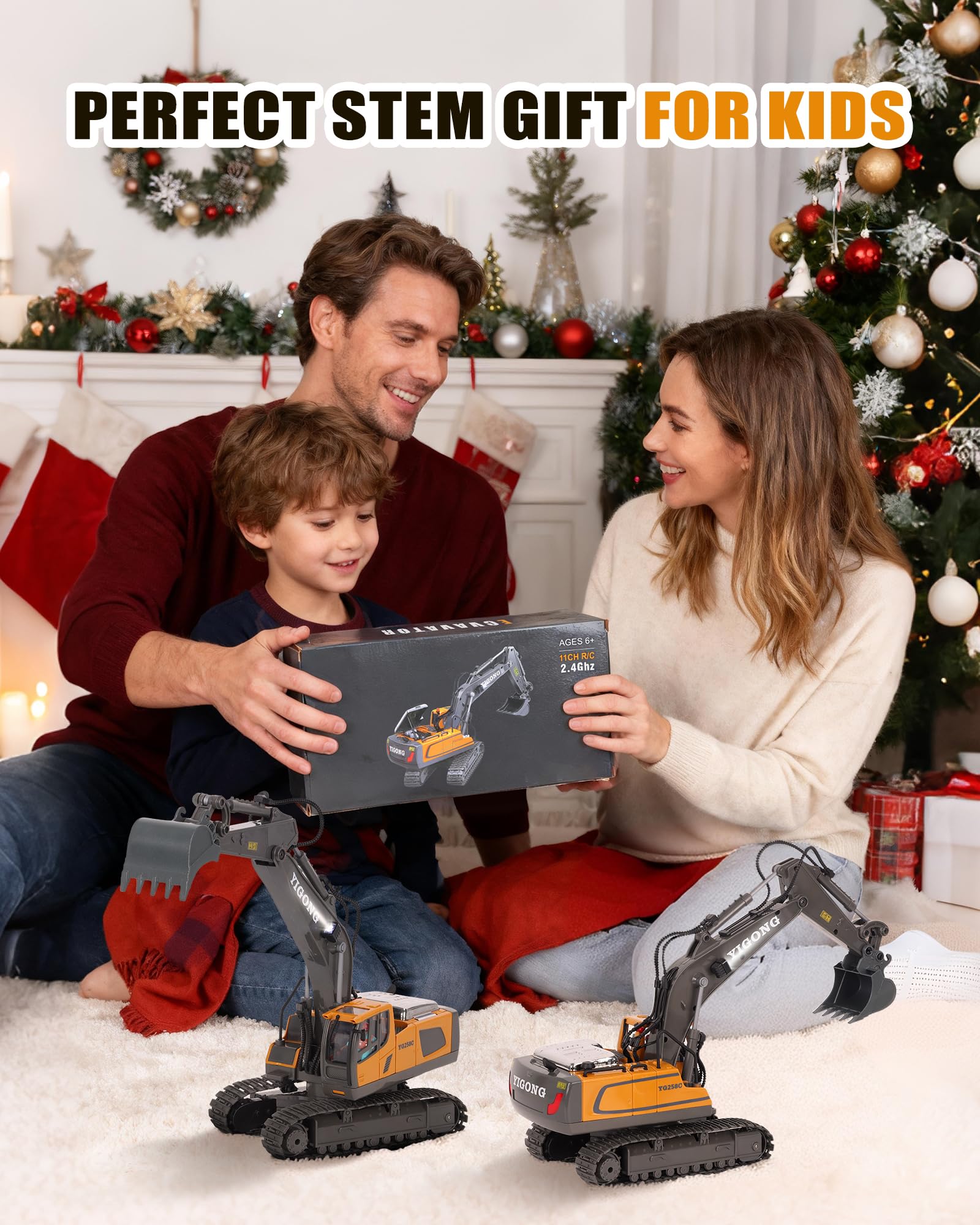 HuiJuKeJi 11-Channel Remote Control Excavator Toy, Rechargeable 2.4 GHz RC Construction Vehicle for Kids, 680° Rotation | Metal Shovel | Lights & Sounds, for Boys Ages 6-12