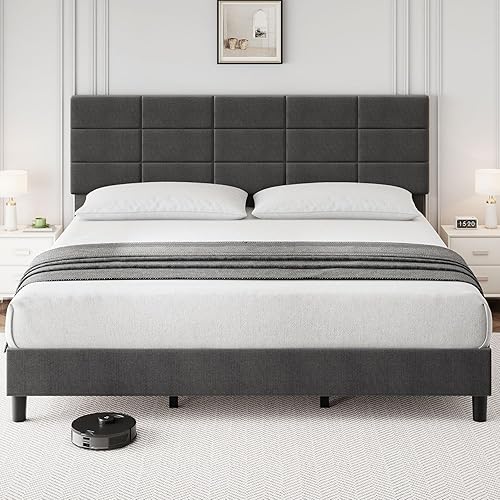 Miniatura 3 de GAOMON Base de cama tamaño King con cabecera ajustable, base de cama tapizada de lino con soporte de listones de madera, marco de metal resistente,