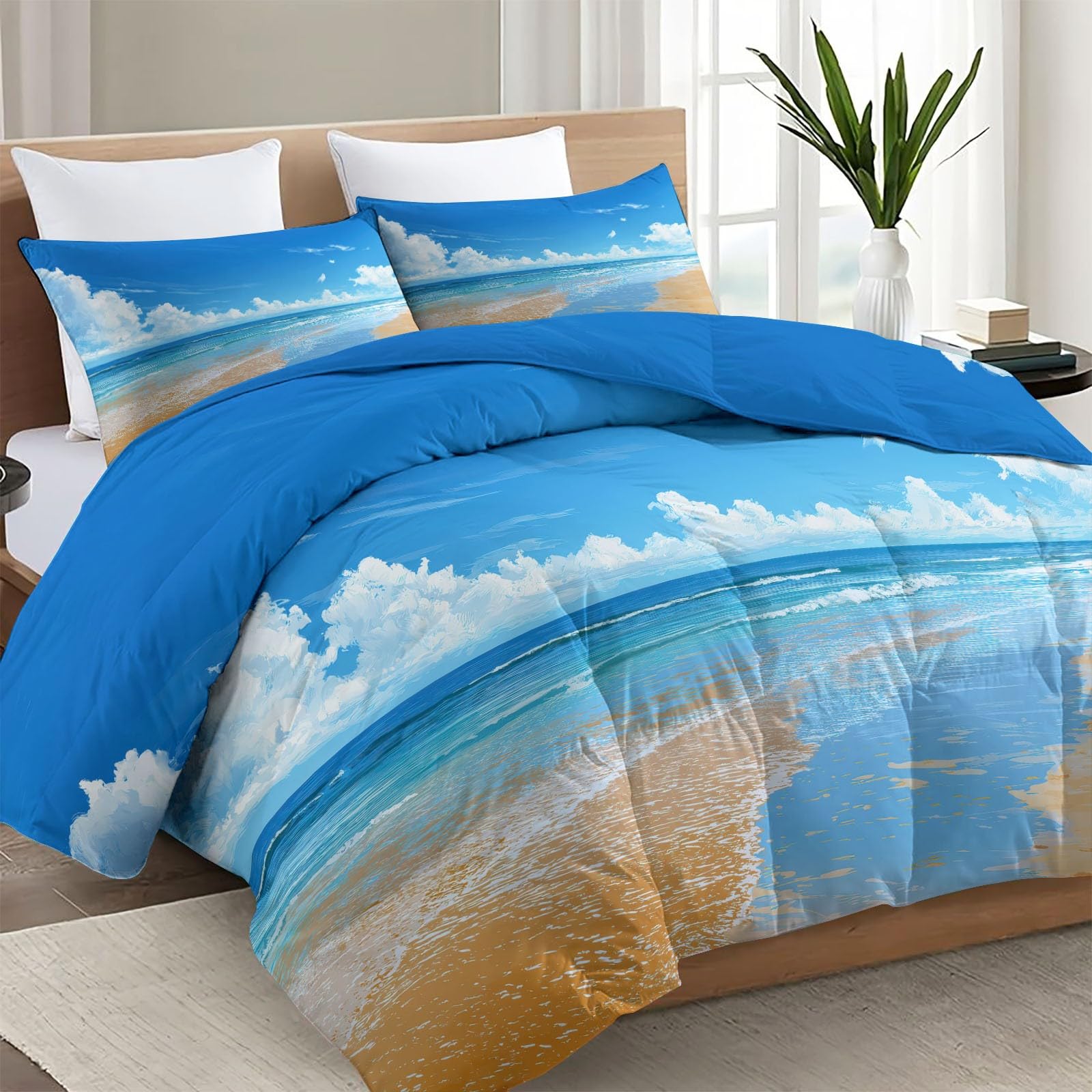 Piumino senza copertura con nuvole di mare 200 x 200 cm, reversibile, stampato, morbido, trapuntato, per letto matrimoniale, 4,5 tog, per tutte le stagioni, per fotografia, spiaggia, trapuntato