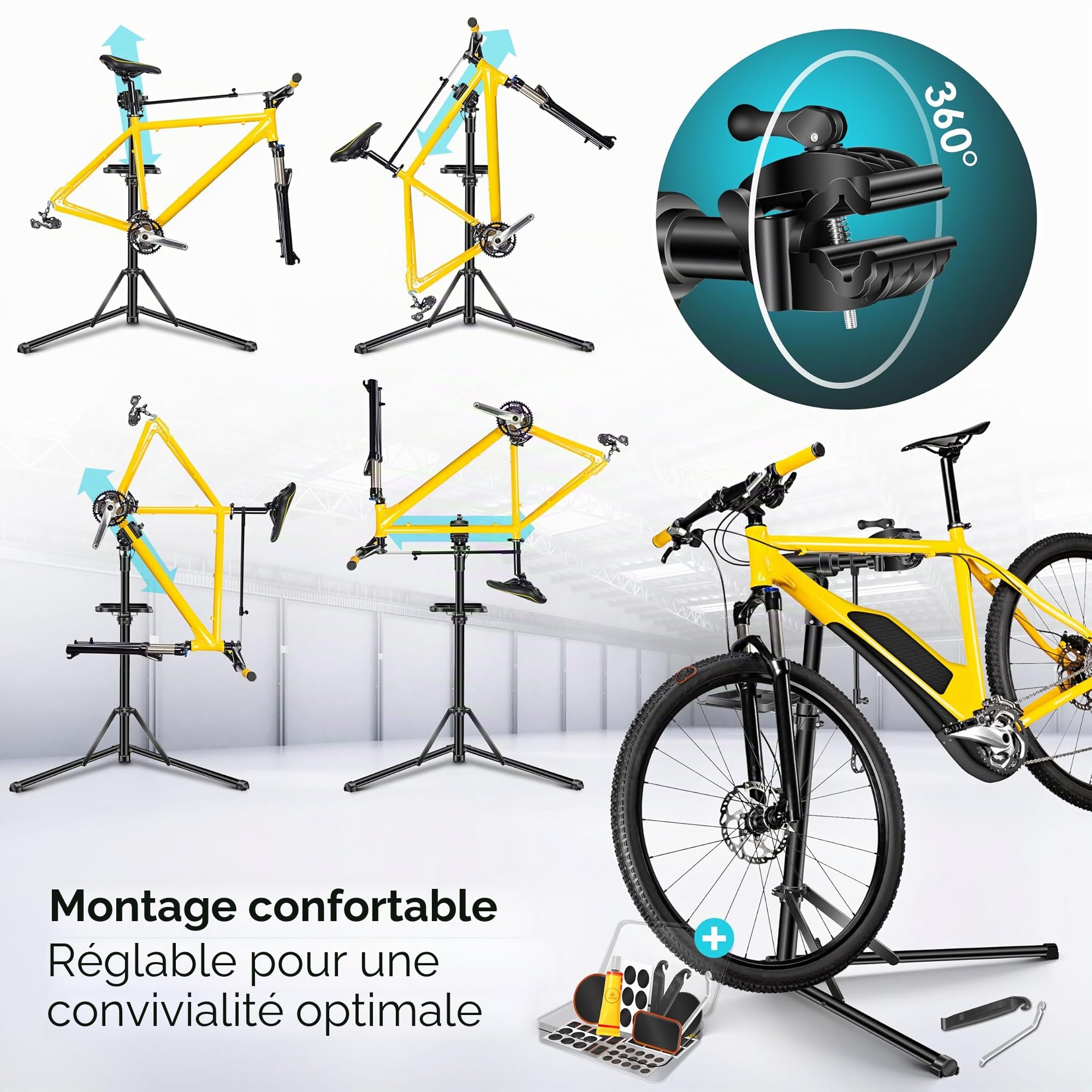 KESSER® Béquille de Montage pour vélo Béquille de réparation Professionnelle en Aluminium pour vélos VTT E-Bike Béquille de Montage pour Charges Lourdes Béquille de vélo +Sacoche