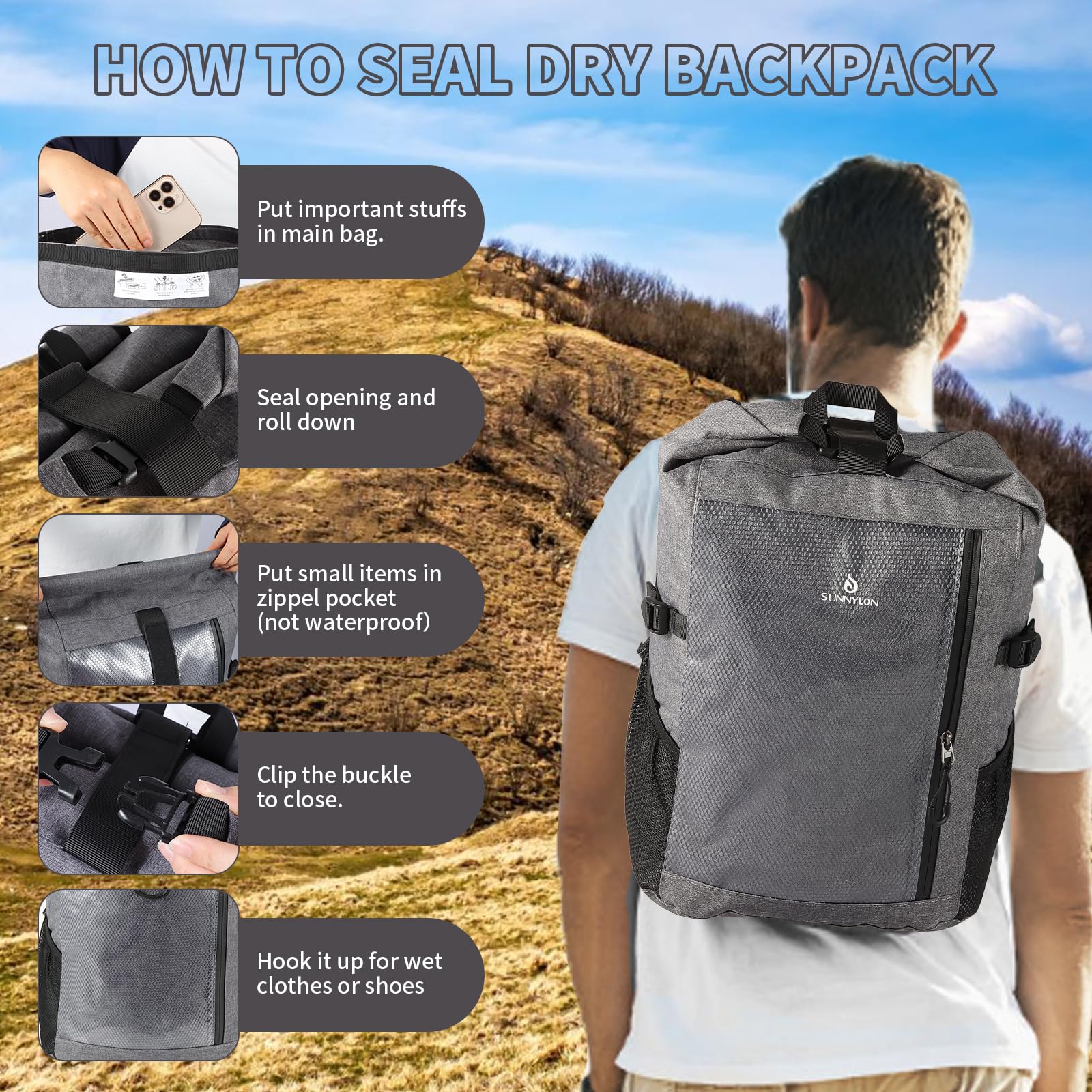 Sac à dos étanche de 25 L pour kayak, sac étanche avec pochette à la taille et étui pour téléphone, sac étanche marin