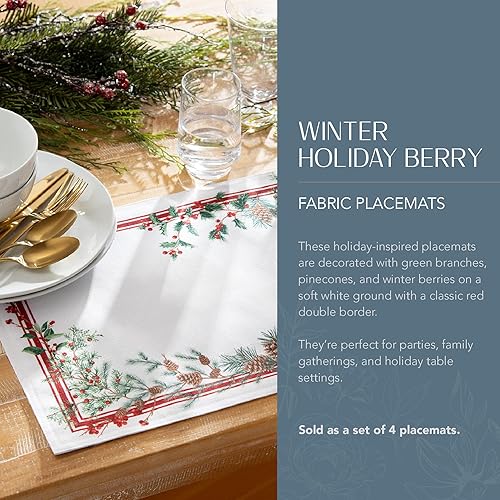 Miniatura 2 de Elrene Home Fashions Manteles individuales de tela con borde de bayas de invierno, decoración de mesa de Navidad, 13 x 19 pulgadas, juego de 4
