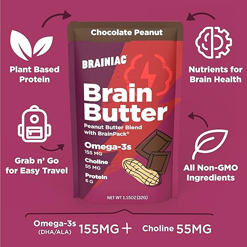 Miniatura 2 de Brainiac Mezcla de mantequilla de maní con omega-3 maní de chocolate 20 unidades 115 onzas Paquetes de mantequilla de maní con ingredientes reales